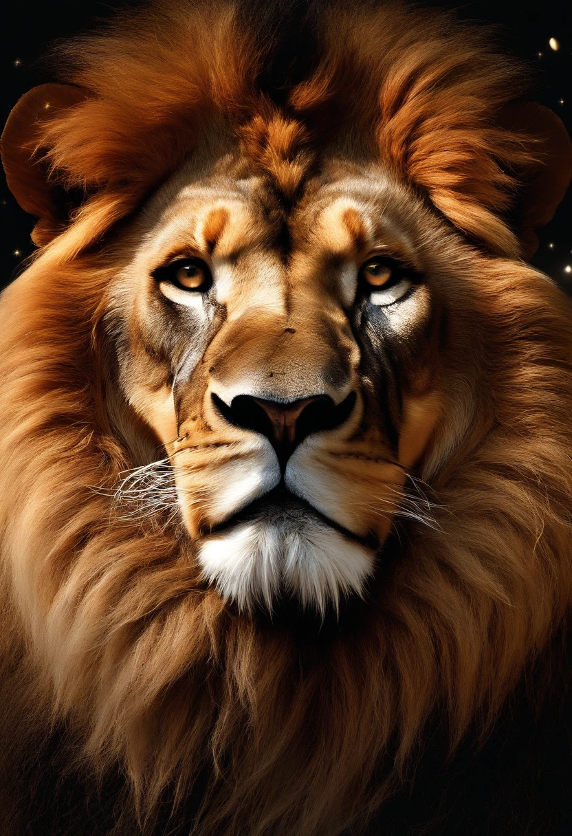 Please create an image that exclusively features the lion's face, with the face bathed in a dazzling and sparkling glow that is almost blinding in its radiance. The lion's face should appear as if it's adorned with a myriad of twinkling stars or exquisite gems, evoking a sense of pure enchantment and wonder. Push the boundaries of color saturation, luminosity, and intricate detailing to craft an image that leaves viewers utterly awestruck, with the lion's face shining as a celestial masterpiece. Your exceptional artistic skills are of paramount importance in making this overwhelmingly luminous vision a reality