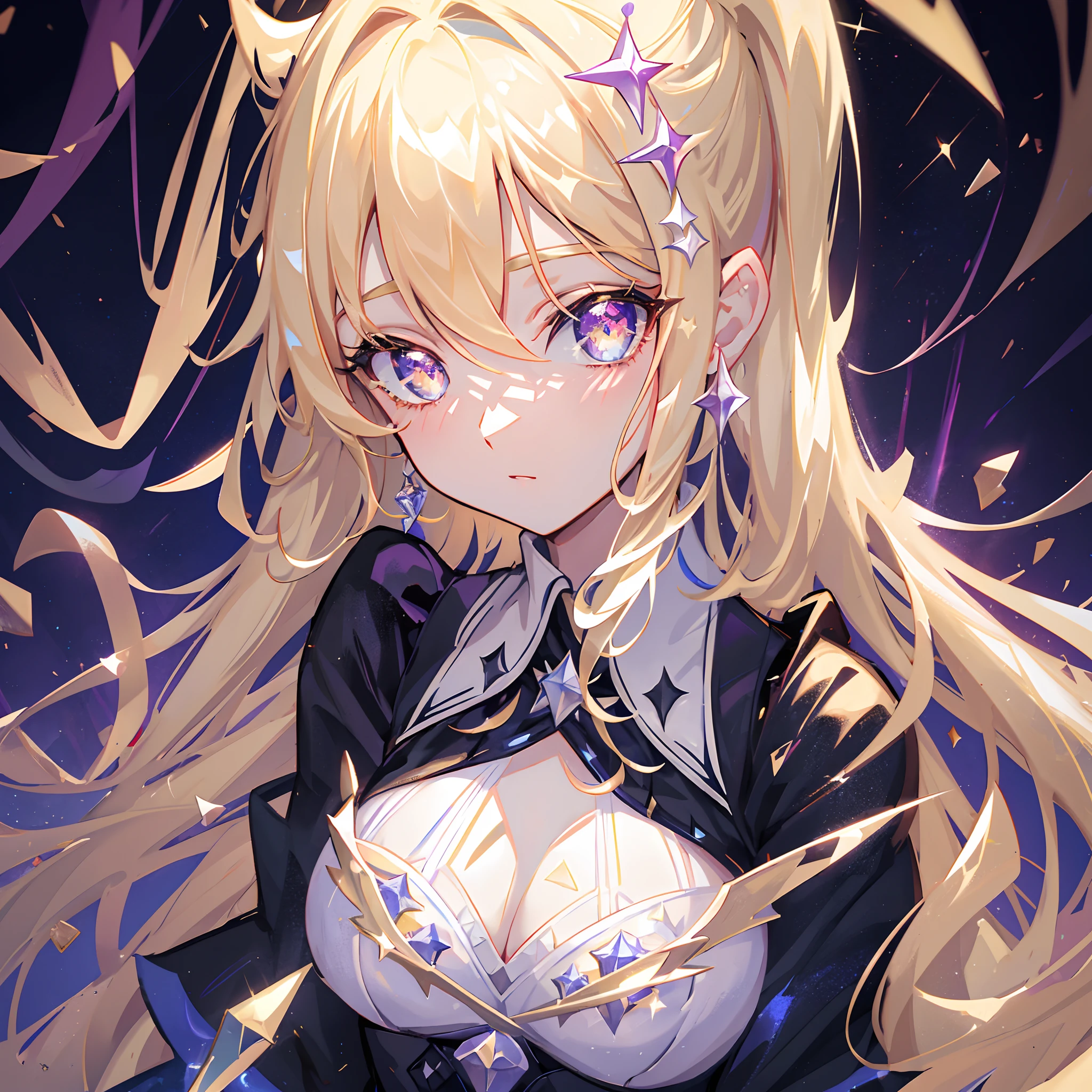League of Legends character Gwen,league of legend《Starlight Guardian》series,starryskybackground,Portrait close-up,The upper part of the body,Gothic ta Clothing,style of anime,Shooting stars streaked across the sky,A large number of platinum crystals,glass,Golden eyes,White-blond hair(Curly double ponytail),Young and beautiful,Diamond decoration,exquisitedetails,Luxurious clothing,High quality starlight particles,unreal engine rendered, 8k, super detailing, tmasterpiece,A high resolution, High detail,blissful,curlies,strong lights,Pupillary details,Symmetrical pupils,Pupil highlight,Sharpening of details,Dazzling light,Background bokeh。