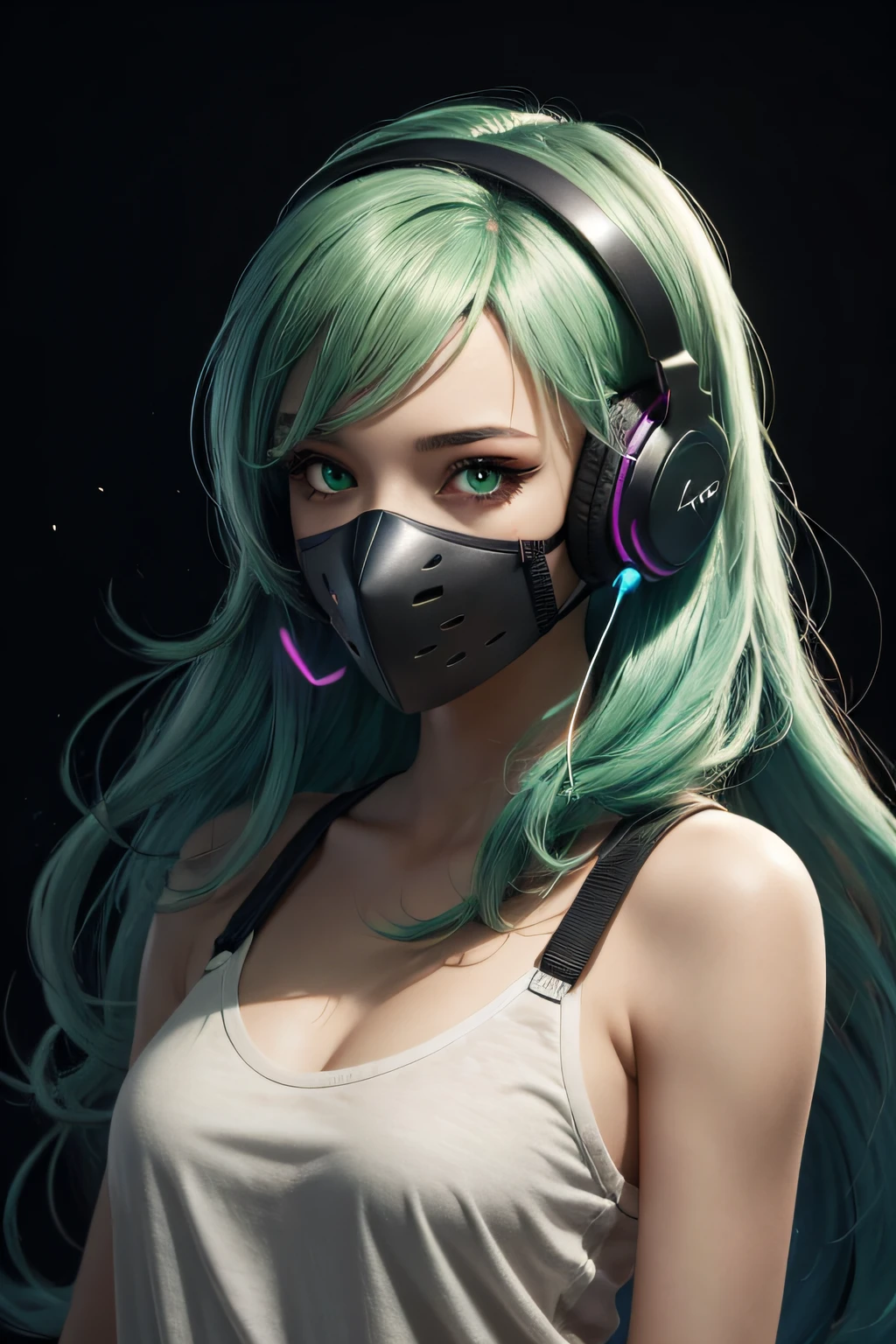 girl with long green hair, green eyes, futuristic vibes, mask on mouth, headphones, 8k, high quality, simple background, glowing eyes, nice pose