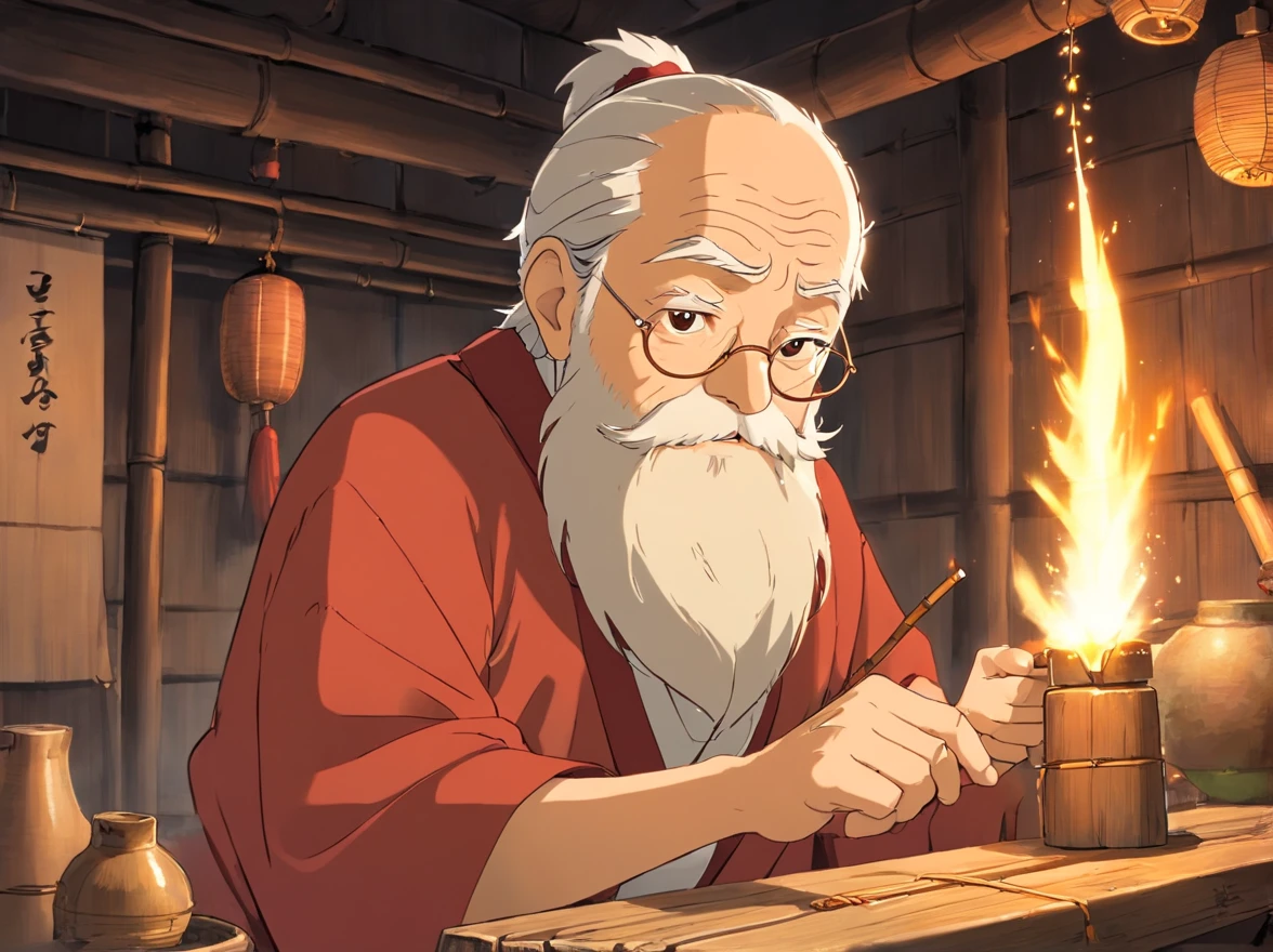 Indoors,The walls are covered with production flowcharts and tools。The old man personally taught him the skill of choosing a bamboo tube、Method of filling gunpowder,The boy was also taught how to mix the secret recipe for colorful firecrackers(Boy image:Red clothes,Carry a bag,年轻)(Image of the old man:brown clothes,Thin and shriveled,Has a long beard,)