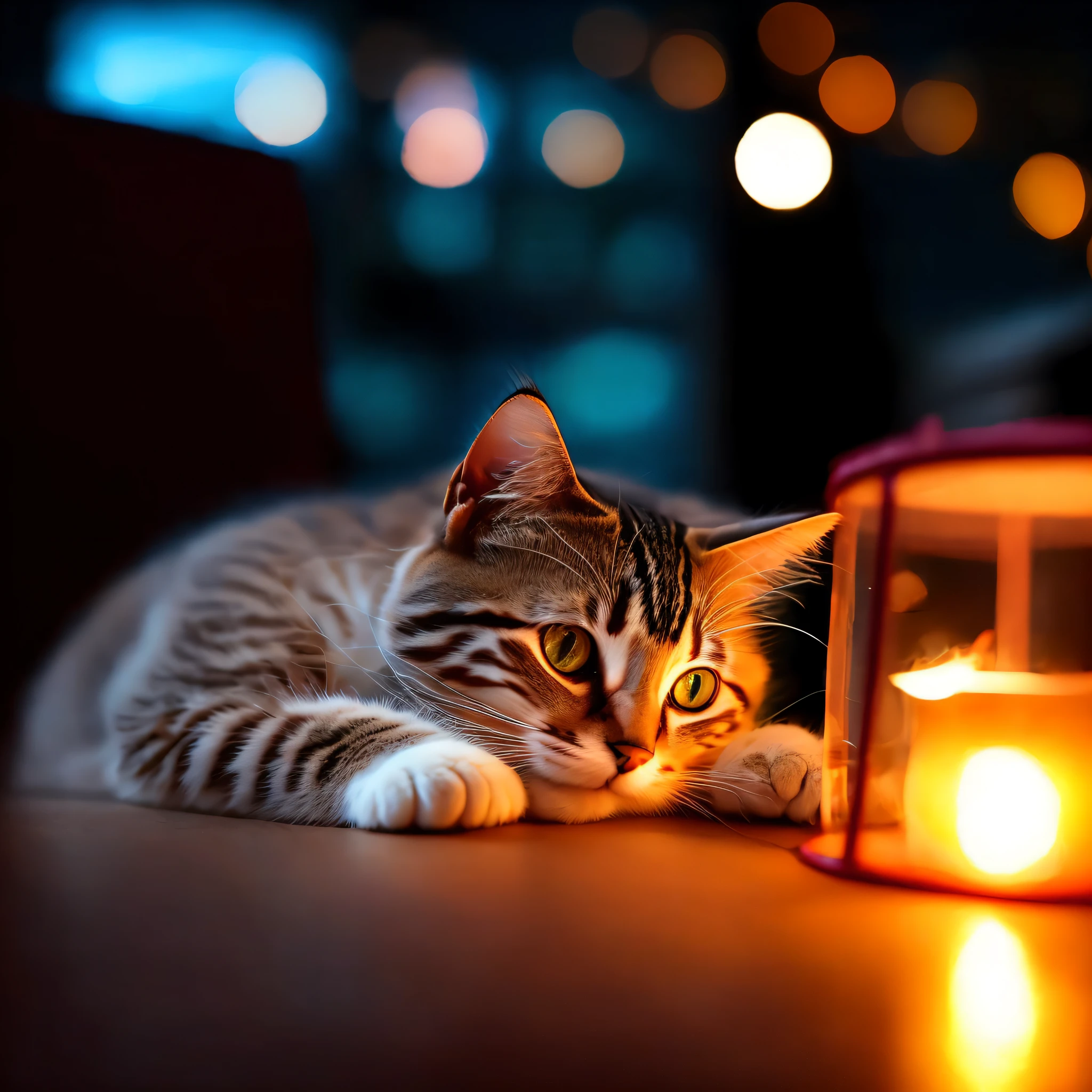 There was a cat lying next to a candle, Warm lighting, warm lights, warm glow from the lights, cozy candlelight, Soft warm lighting, Comfortable lighting, captivating glowing lights, Dazzling lights, soft warm light, Comfortable lighting, beautiful light up, luz de velas, warm illumination, cosy atmoshpere, Cute cat, Cozy atmosphere, cute cat photo, Warm light reflects 8K，Cute cat，nighttime scene，There are desk lamps，Cute cat cat，Different expressions
