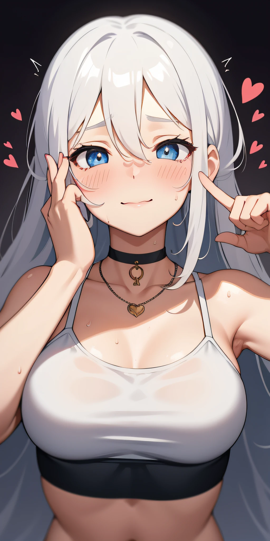 1girll,Heart-shaped pupils,finger nails,hand on own face,White hair,Blue eyes,(Blush:1.1),choker necklace,desk ,Trembling,Sweat,drops of sweat,Heart,(speed-line:1.1),Medium breasts, ((rough breath:1.3)), Love, Heart, Crop top, cheerfulness, Smile Great lighting, Ultra-detailed, Dynamic Angle, Masterpiece, Solo, Perfect face, (Bright lighting:1.2),Beautiful detailed eyes, Extremely detailed face, Perfect lighting,Masterpiece, Best quality, {Hair (Castanhos escuros), (Long hair), (2 ponytails)}, Look up from below, Backwards, on the floor on all fours, Pleated skirt, of suspender stockings, Glasses, ribbon, Sweaty, Wet body, Navel out, Thighs sticking out, buttocks, Large of breast, Slim, Slender, Translucent, Embarrassed expression, Blush