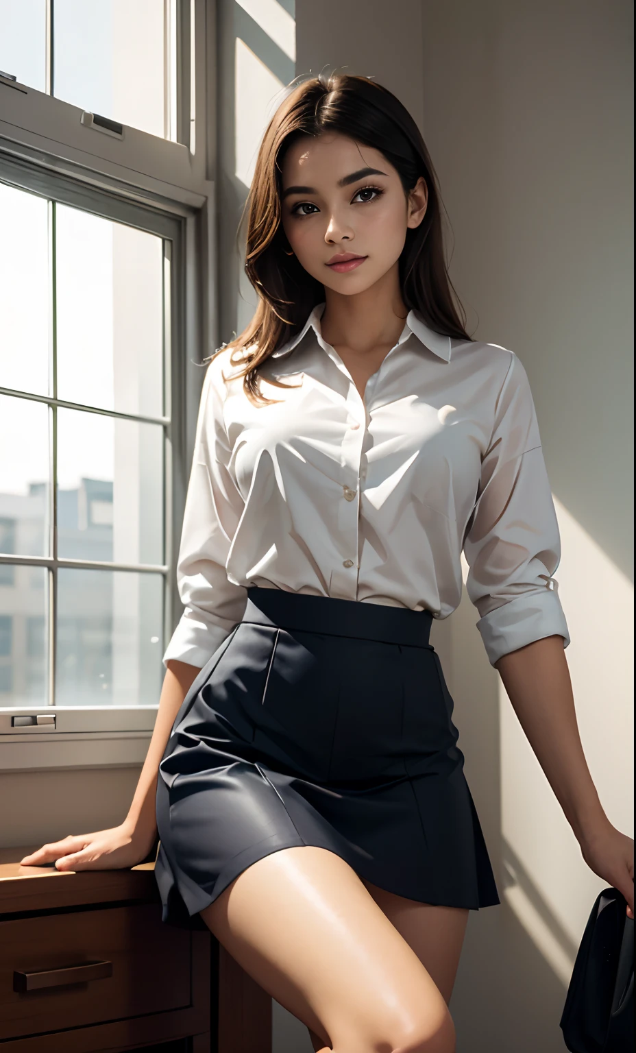 Highest quality, highest quality, masterpiece, solo, depth of field, delicate and moist skin girl, delicate and beautiful facial features, full-body lens, office work suit, suit skirt, very short skirt, perfect figure, random office equipment, exquisite CG, gorgeous highlight, crystal clear, sunlight through the window, beautiful, charming, shining, perfect, ultra-clear, 16k