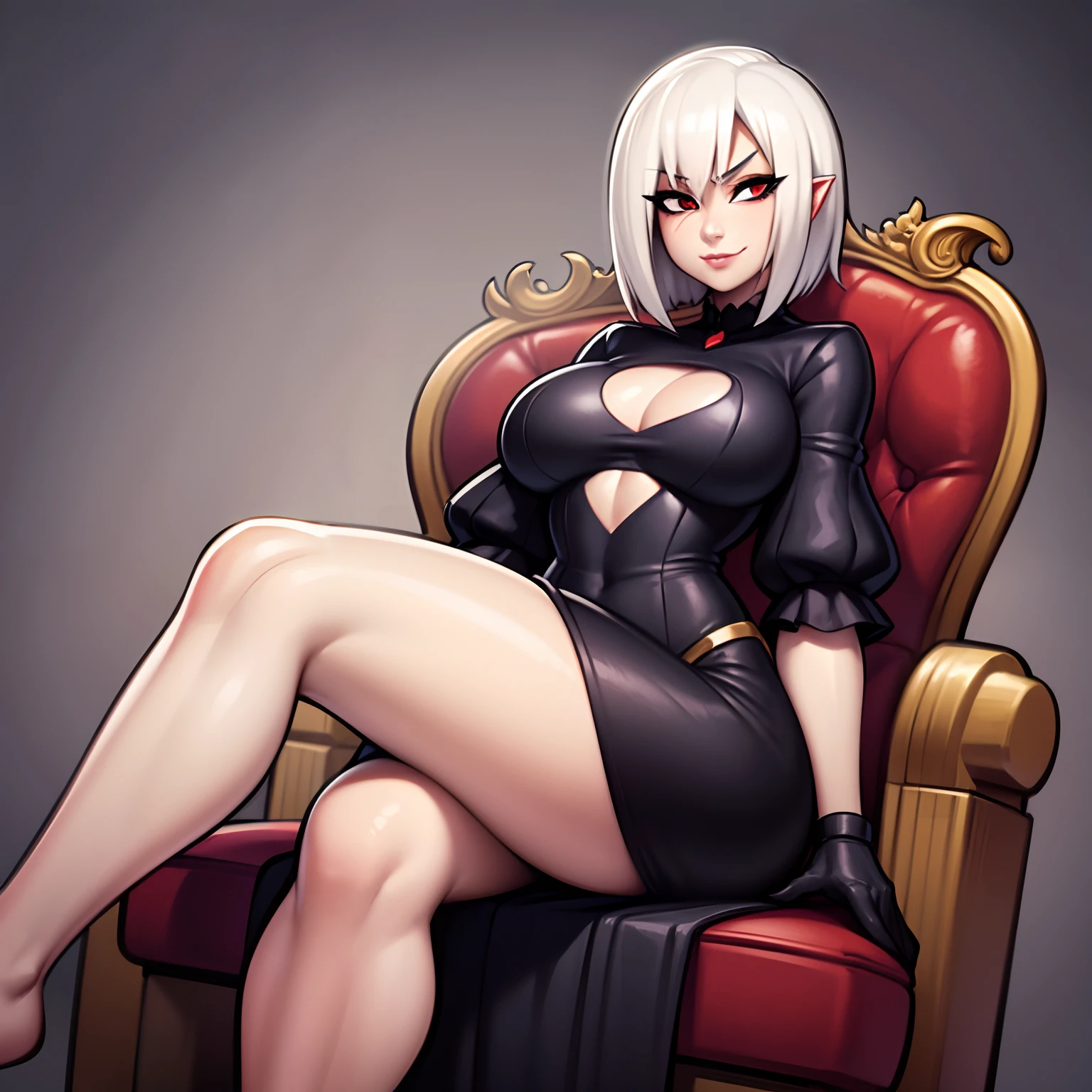 ((Solo)) Vampire girl with short white hair, (red eyes), character is wearing a black dress, wearing gloves, Anime style 4K, large chest, curvy hips, long legs, detailed eyes, ((sitting)), on a throne