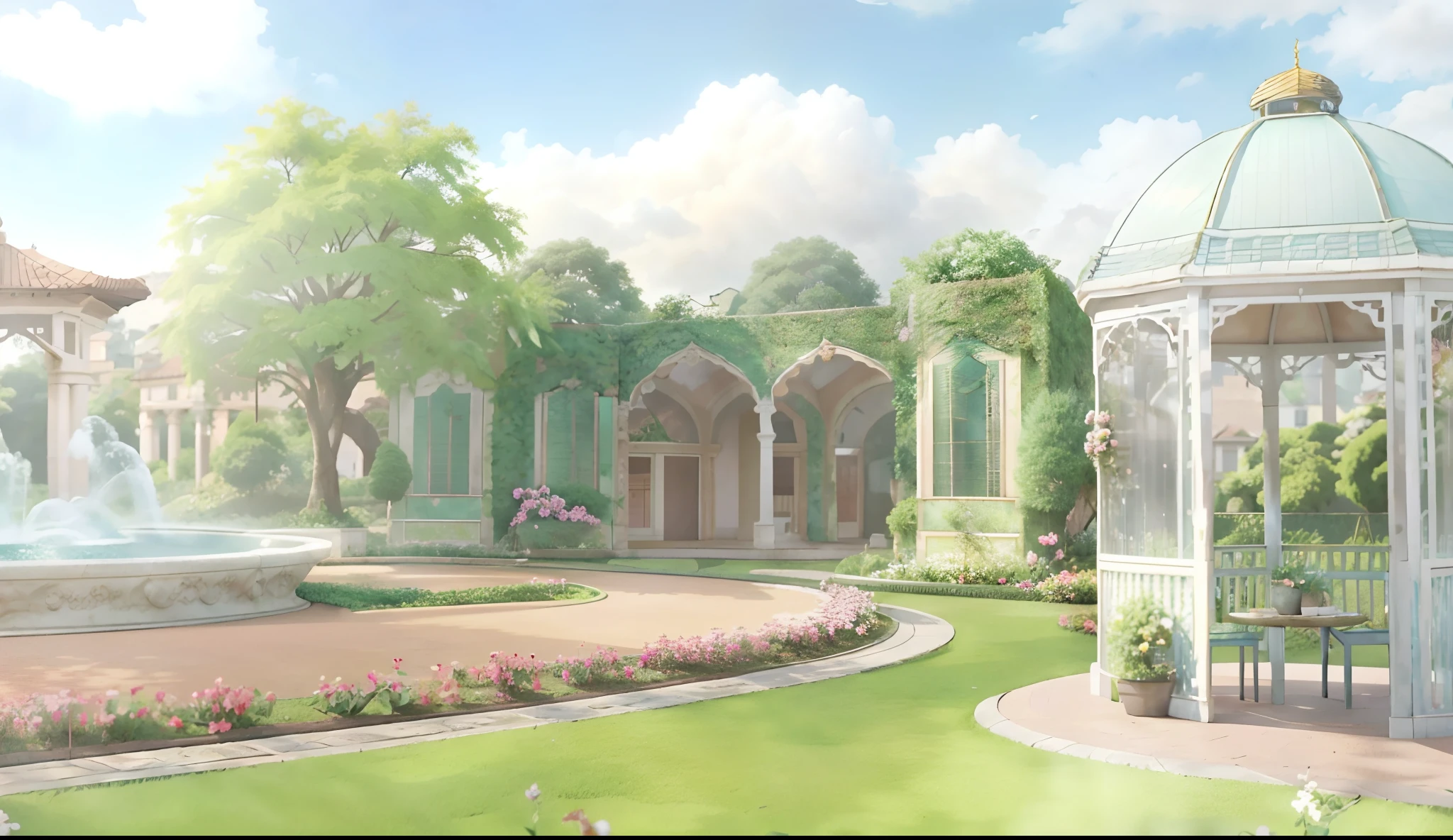 There is a gazebo in the middle of a garden with flowers, Fundo do jardim real, palace background, arte de fundo, arte de fundo do anime, arte de fundo, anime scenery concept art, fundo do parque, random background scene, anime scenery, arte de fundo interior, fundo do jardim, paisagem do jardim real, ballroom background, Atmosfera floral, fundo da casa, beautiful anime scenery