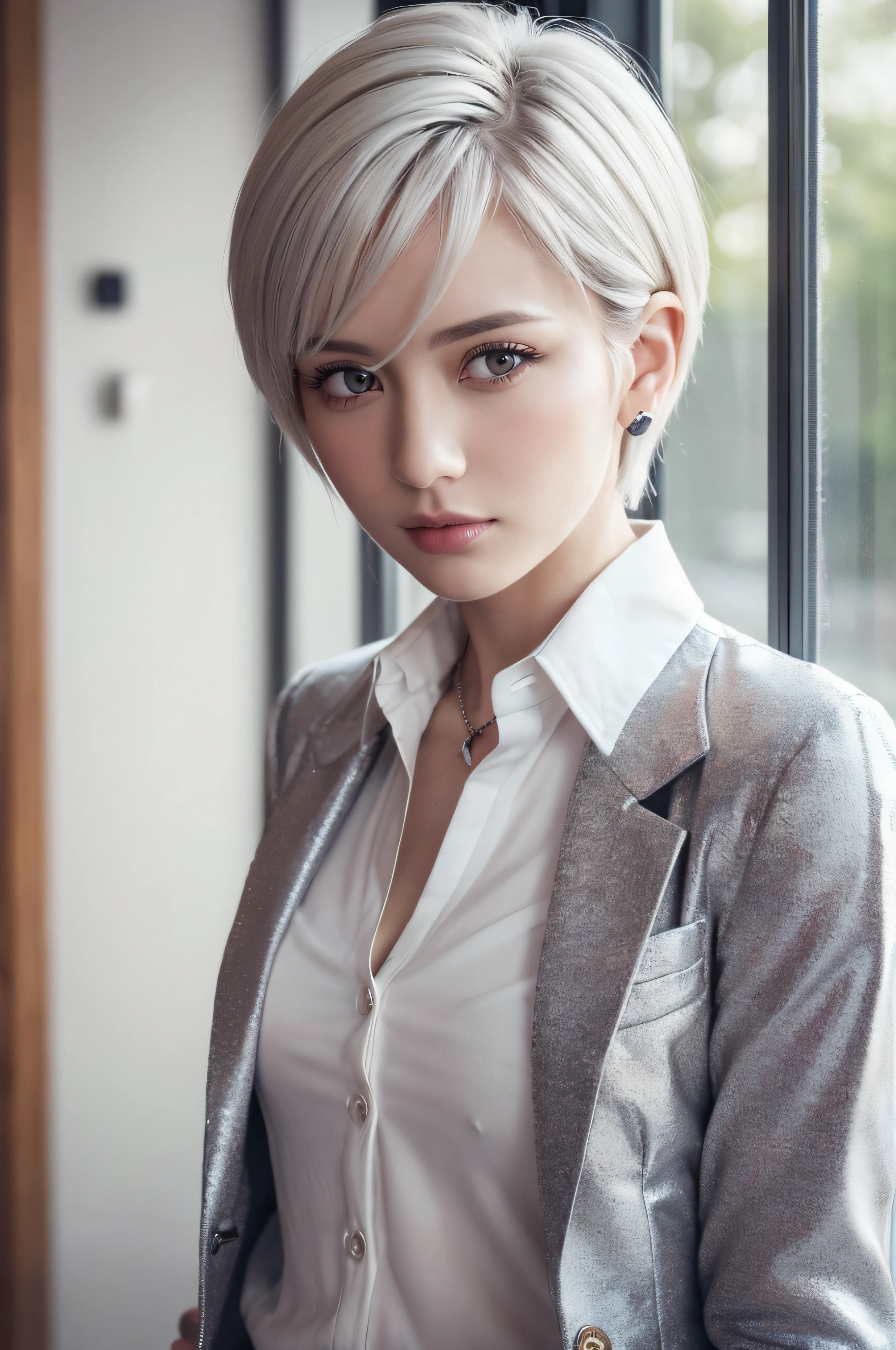 (((extremely fine and beautiful, perfect detail, Ultra Detail))), Whole body, The most detailed girls, depthoffield, Cool pose, beautiful detailed fullbody, neat figure, 1 rapariga, 30 years old, Very short hair, spiked hair, White and silver hair, beautiful detailed hair, Perfect face, deadpan, beautiful detailed deep eyes, Slightly open mouth, Delicate arm and hands, flat chest, pale skin, Piercing, Beautifully gorgeous necklace, Colorful background, HD Backgrounds, Blurry background, extremely delicate and beautiful, Best Masterpiece, (((best qualtiy, very fine 8KCG wallpaper))),(((Posing like a model))),(((Trendy hairstyles,Trendy fashion,Check jacket,white shirt,With collar,long-sleeve,open buttons,full throttle,teats))),(inside in room,Stylish interior,window),