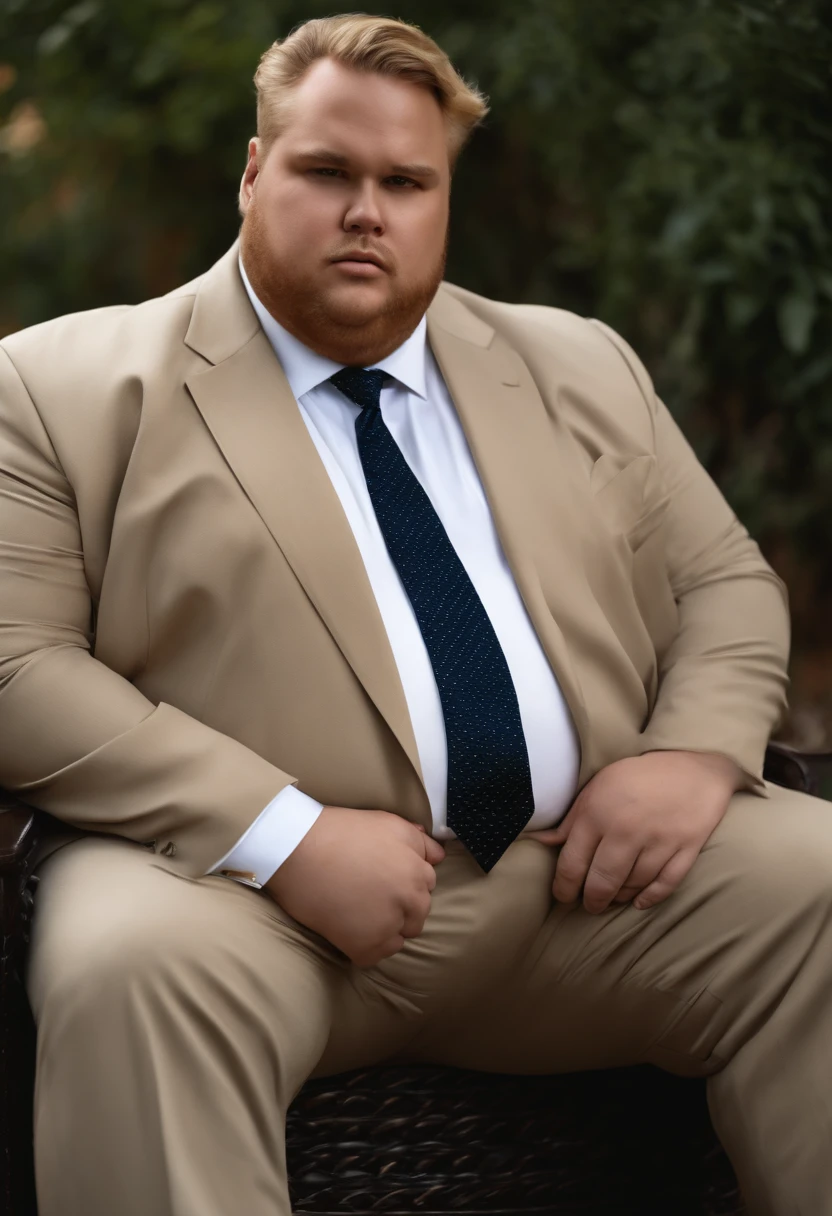 fat man big belly in a suit, almost bursting at the seams. he’s blonde and sitting down.