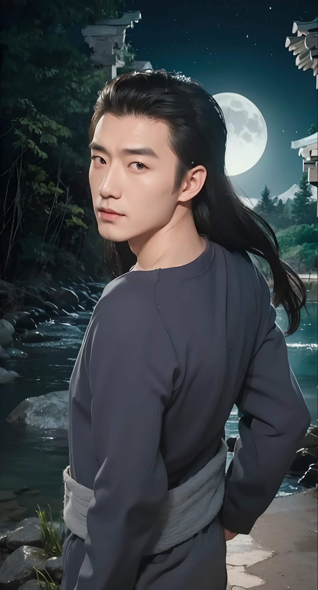 Real life adaption of this character, old grandpa Korean handsome face, looking to viewer,realistic same hair and The back hair is long ,realistic nature scenery with Moonlight view background, hyper realistic, realistic light, realistic shadow, realism,(photorealistic:1.2), realistic same outfit,
