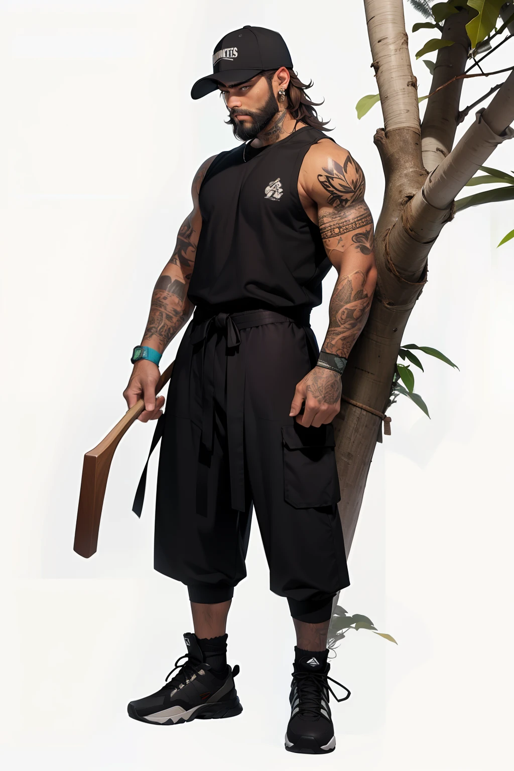 character sheet, filipino male, brown curly hair, relaxing on tree, beard, slim build, baseball cap, socks, neon socks, butcher clothing, carpenter, mullet, full body tattoos, boots, blackout tattoos, earrings, kendo pants