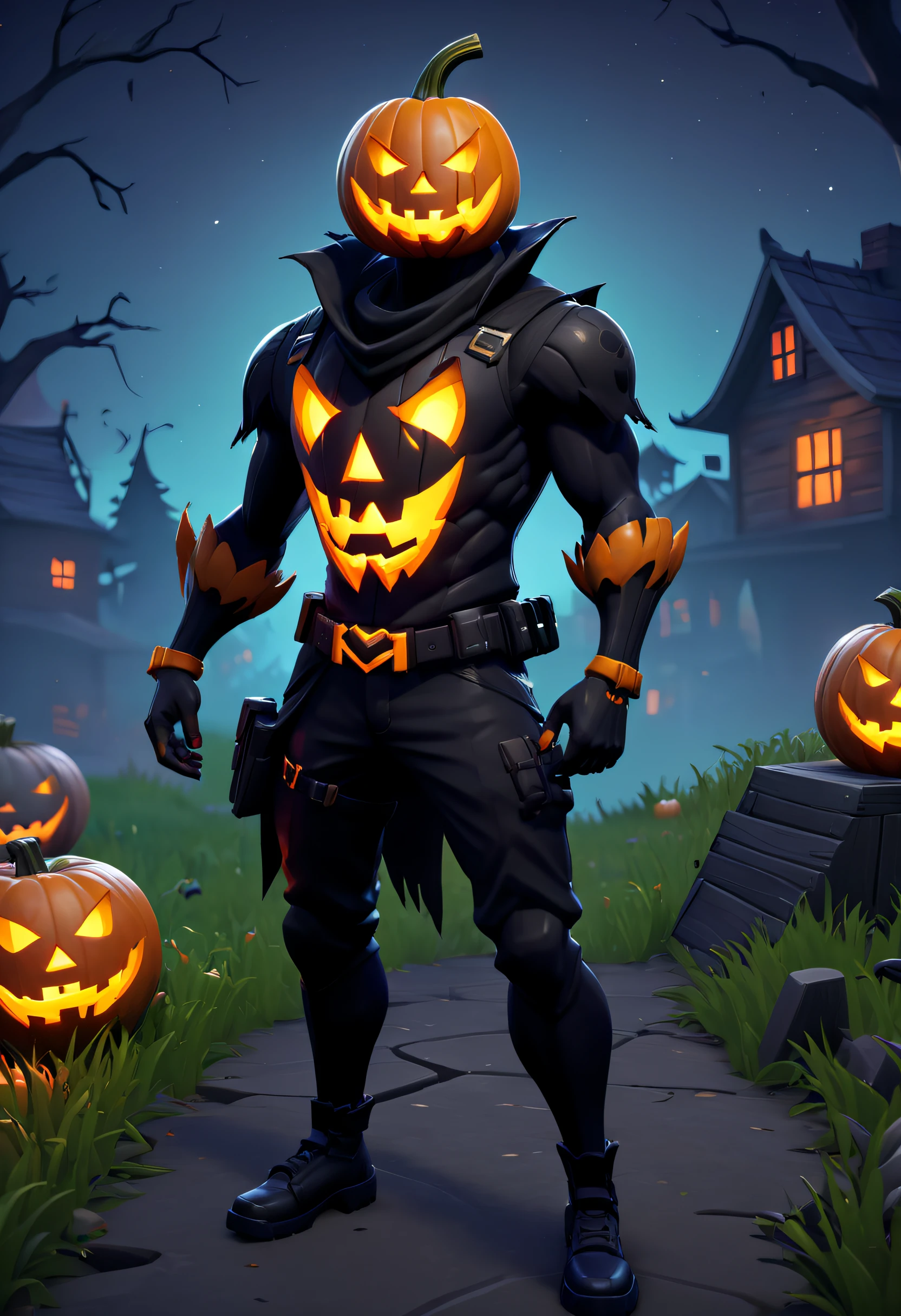 Jack-o'-lantern as a fortnite skin, halloween ambiance, masterpiece, best quality