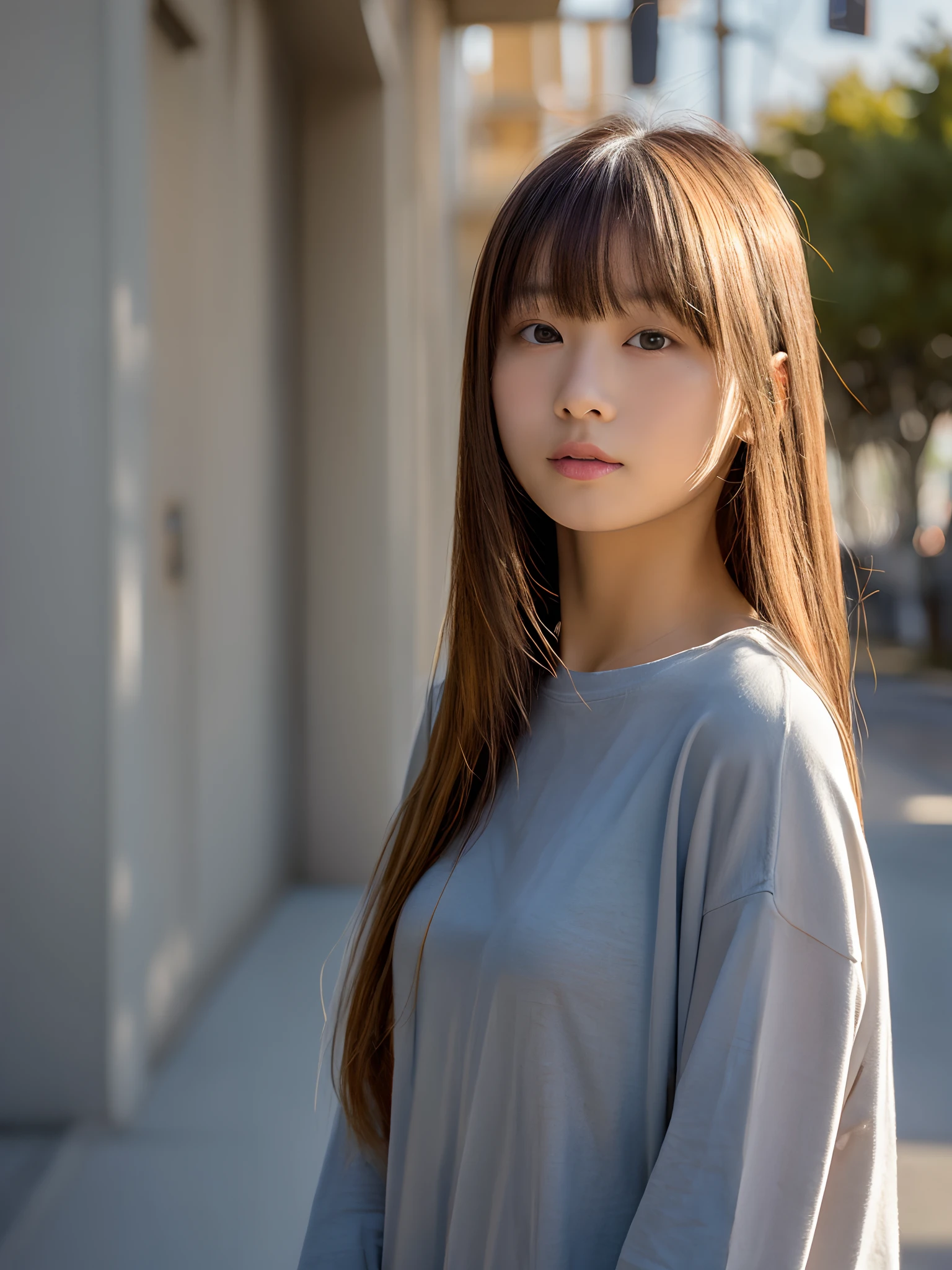 top-quality、超A high resolution、(Photorealsitic:1.4)、女の子1人、、small tits、、、A Japanese Lady、Looking at the camera、long Sleeve T-Shirt、Concrete background、Facing the front、is standing、blondehair、Woman in her late teens、Light bangs、short-hair、Salon model style、Natural look、Leaning against the wall、