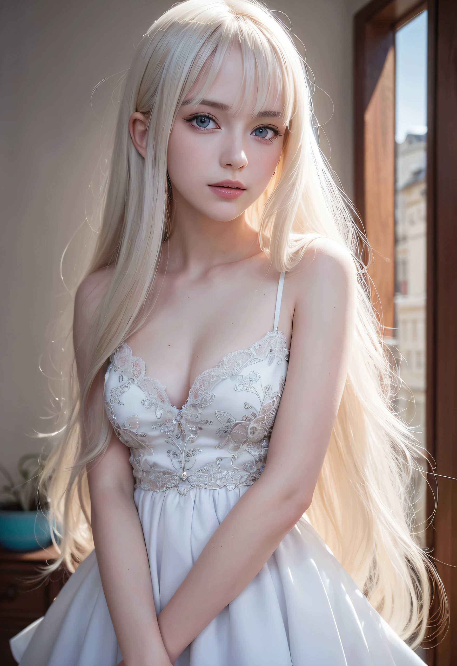 RAW photos, ((Portrait of extreme beauty))), (Radiant white beautiful skin)), 1 girl, 14-year-old pretty beautiful girl in Prague, (shiny bright platinum blonde hair)), hair hanging in front of the face, [Attractive whitish light blue eyes], silky long hair, eyeliner, beautiful bangs, hair between the eyes, fluttering hair, smile, ((masterpiece, top quality, super detailed, Film light, intricate detail, high resolution, 8k, very detail)), detailed background, 8k uhd, dslr, soft light, high quality, film grain, fujifilm xt3, shallow depth of field, natural light, (perfect hands), perfect beautiful face, big chest