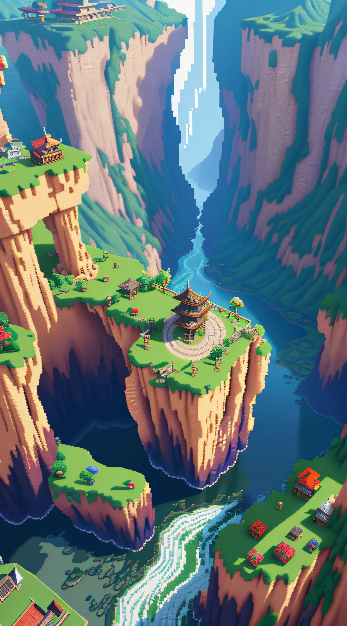 Genshin pixel art tourism destination landscape. Morning. 3D pixel art 4K wallpaper. Incredible pixel art detail. Pixel art. Detailed Unreal Engine pixel art