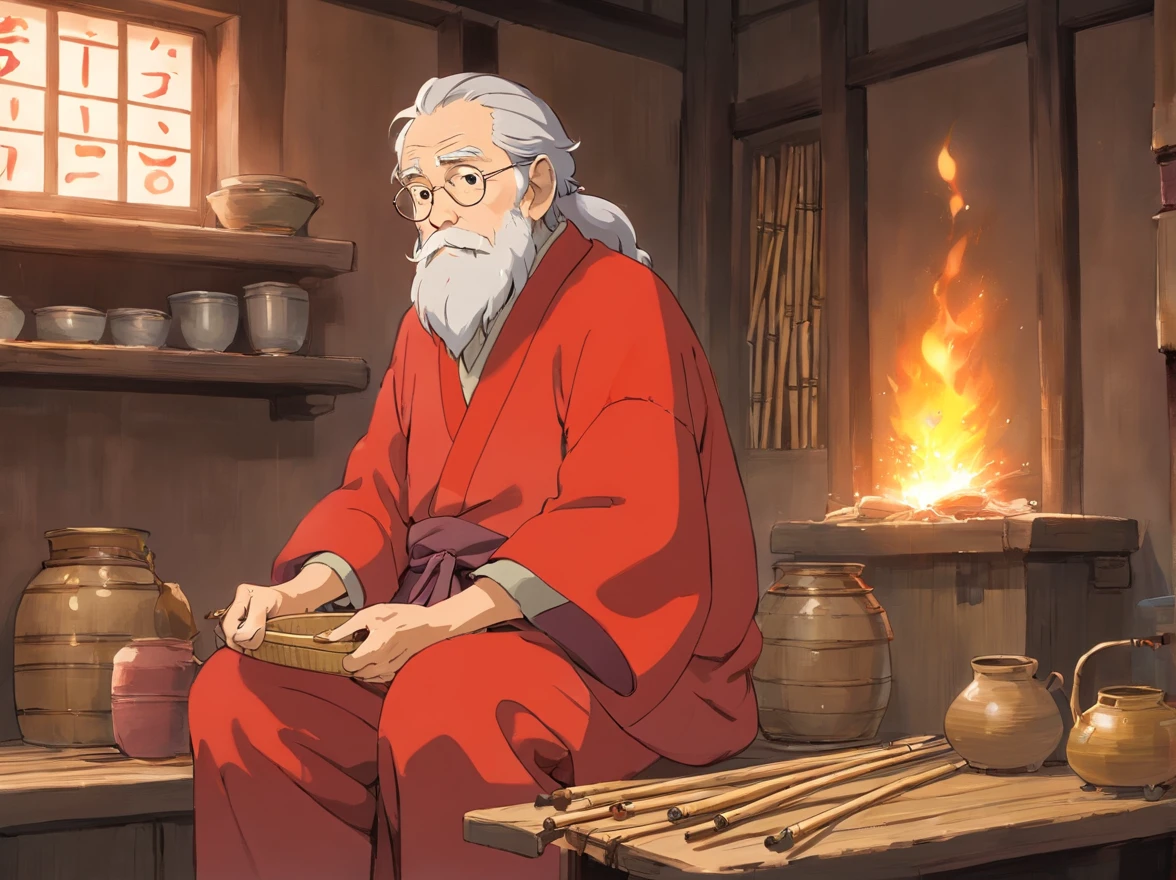 Indoors,The walls are covered with production flowcharts and tools。The old man and the boy sat together,The old man personally taught the boy the technique of choosing a bamboo tube、Method of filling gunpowder,The boy was also taught how to mix the secret recipe for colorful firecrackers(Boy image:Red clothes,Carry a bag,年轻)(Image of the old man:brown clothes,Thin and shriveled,Has a long beard,)