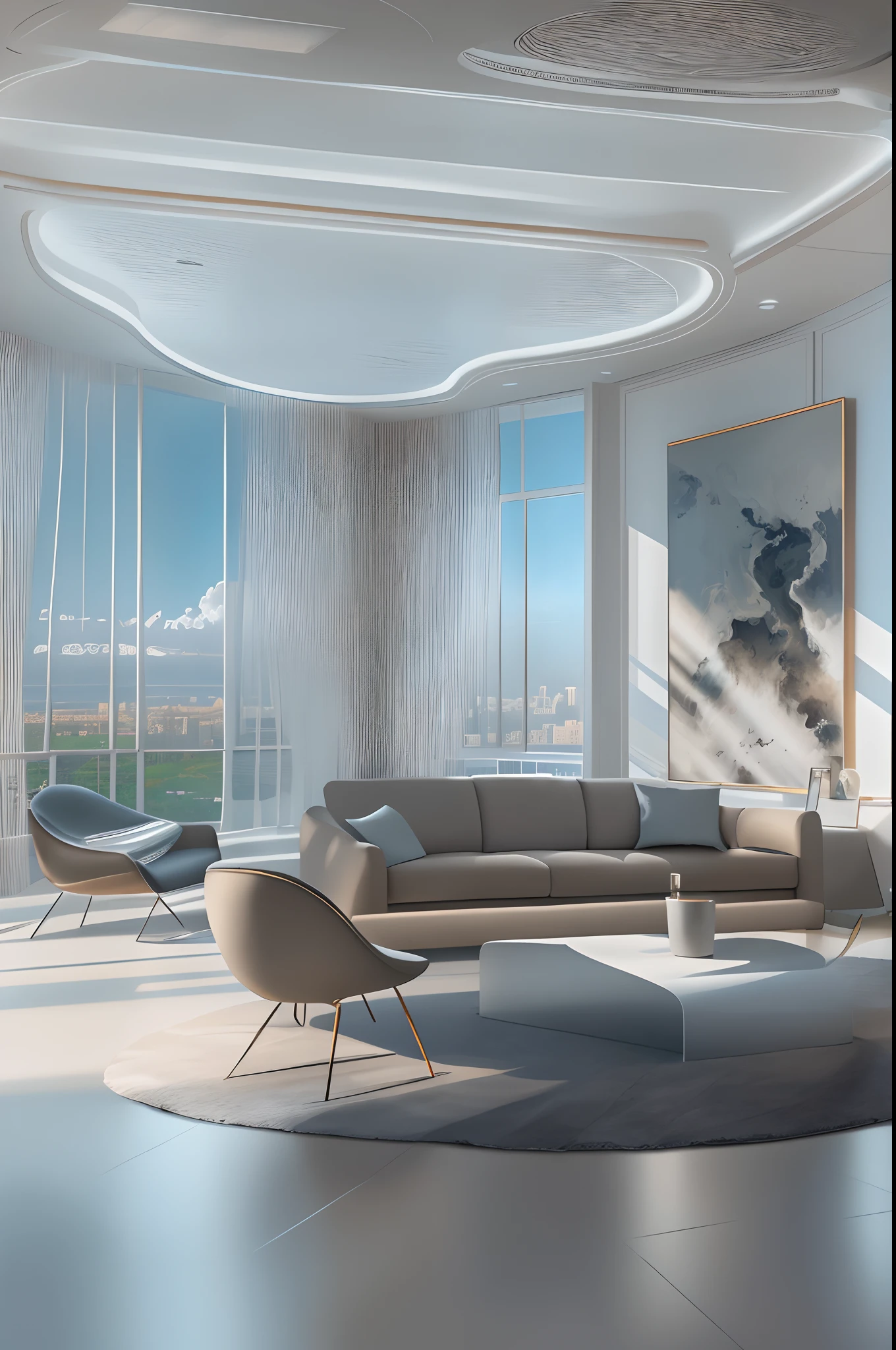 liveroom,There is a wall in the middle of the living room,The painting on the wall is in the middle, Paintings on the walls, skyscape, Large airy windows, Zaha Hadid and Santiago Calatrava landscape panoramic style, Fish, Clear light, Edge lighting, Perfect image, Building summary style, 16k UE5. superfine, 8K, hdr, Product photography, Depth of field, Nikon D850, Ultra-realistic, no contrast, clean sharp focus, professional, No blurring