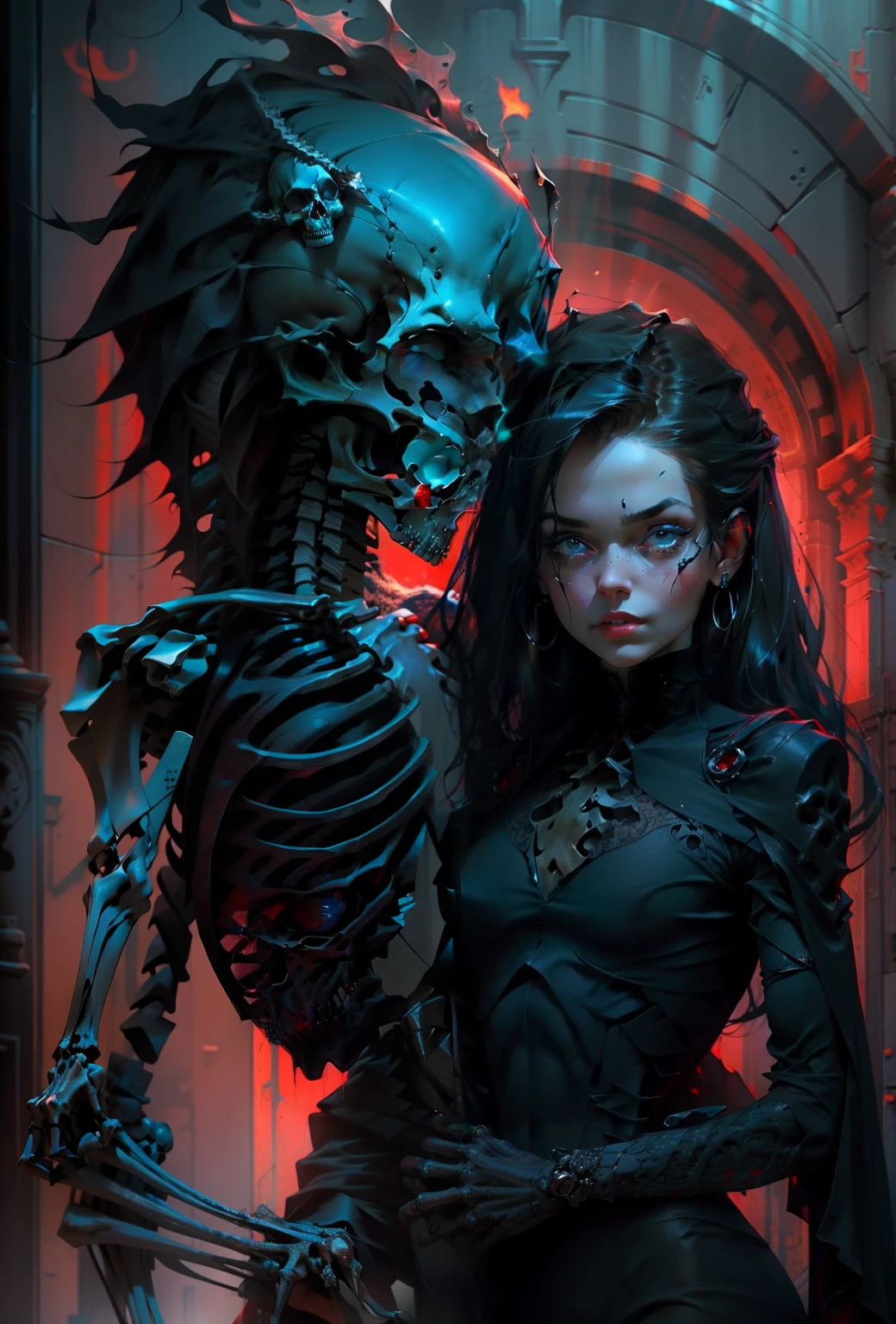 Blue-eyed skeletal skull wearing a black suit dancing with a woman dressed in red