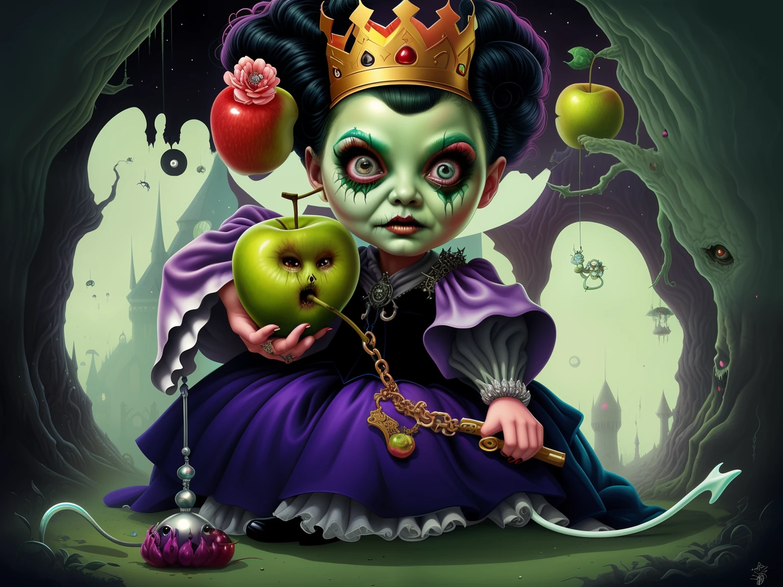 there is a cartoon of a dressed as a queen, evil princess, scary queen of death, pop surrealism lowbrow art style, horror fantasy art, by Joe Fenton, lowbrow pop surrealism, pop surrealism art style, fantasy horror art, lowbrow art, background of poison apples, lowbrow art style, fairytale artwork, by Eddie Mendoza