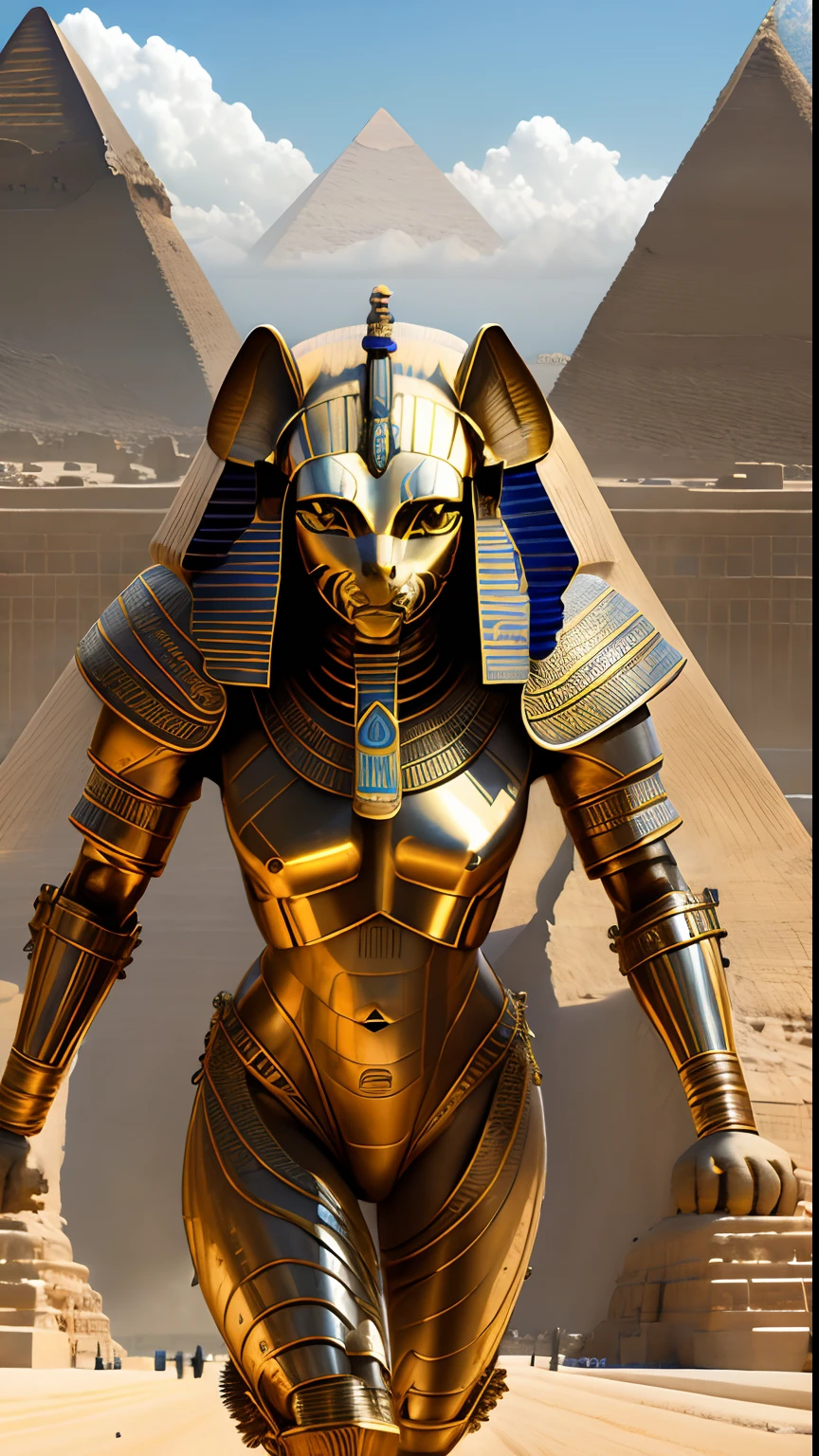 Animalrizz (( sphinx )) 10, masterpiece, highres, Absurd,photorealistic portrait, Parley_armature,Egypt,Pyramids, Sphinxes in armor ,Wear Parley_armature, Massive futuristic armor, running, move,