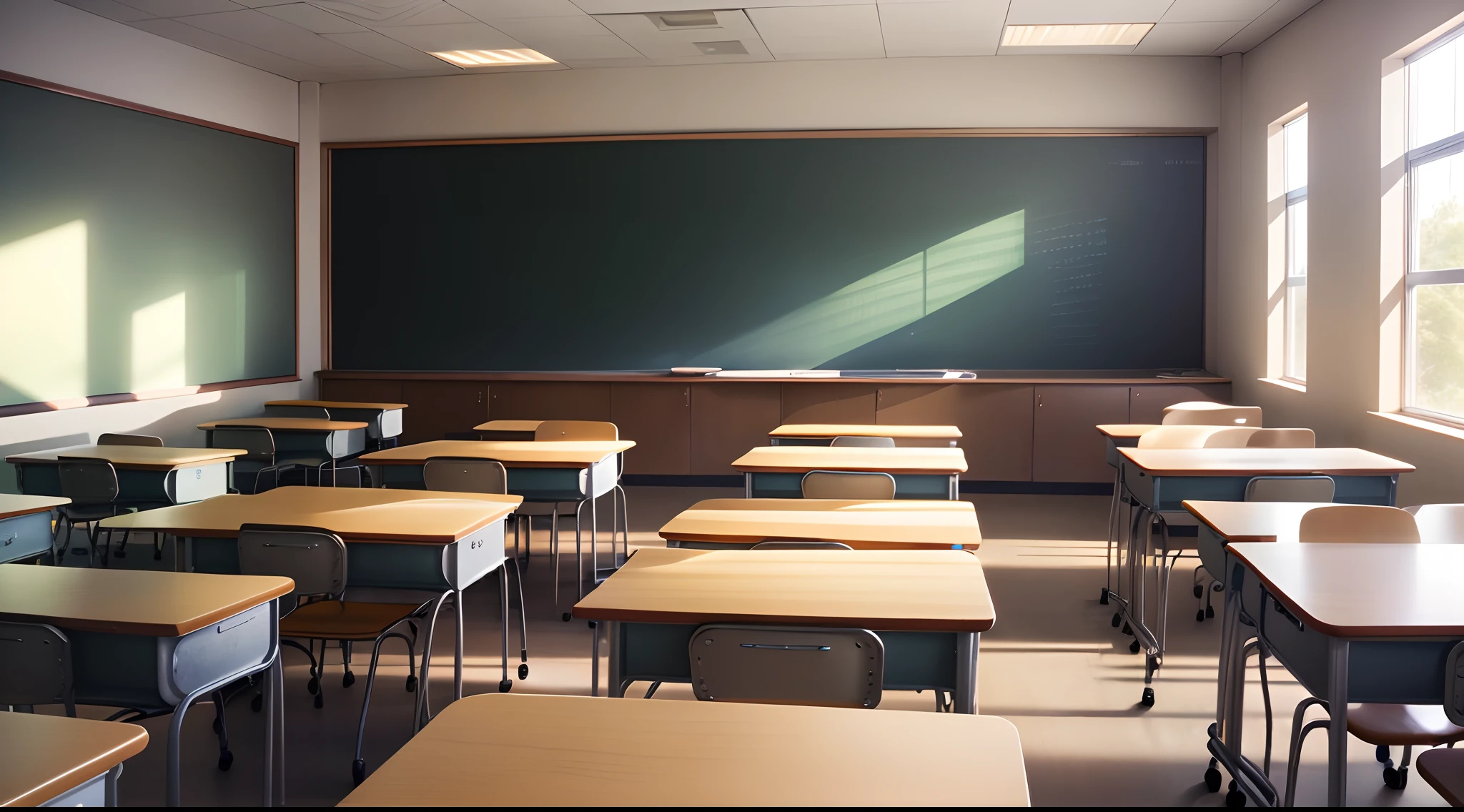 A classroom with a warm color temperature, the classroom includes single desks, behind are 2 lockers and a long, low table in the middle.
