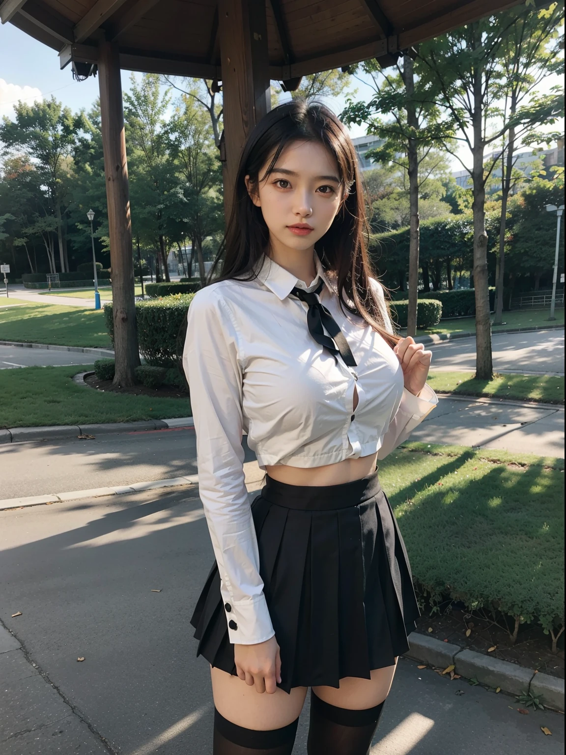 concept art, small chest, hips, look at viewer, shy blush face, sexual expression, 1school girl, wearing white school top, black skirt, Japanese school dress, lifting skirt up with hands, unconcerned, NSFW, quality, in the garden, , contrast, dark, little chubby