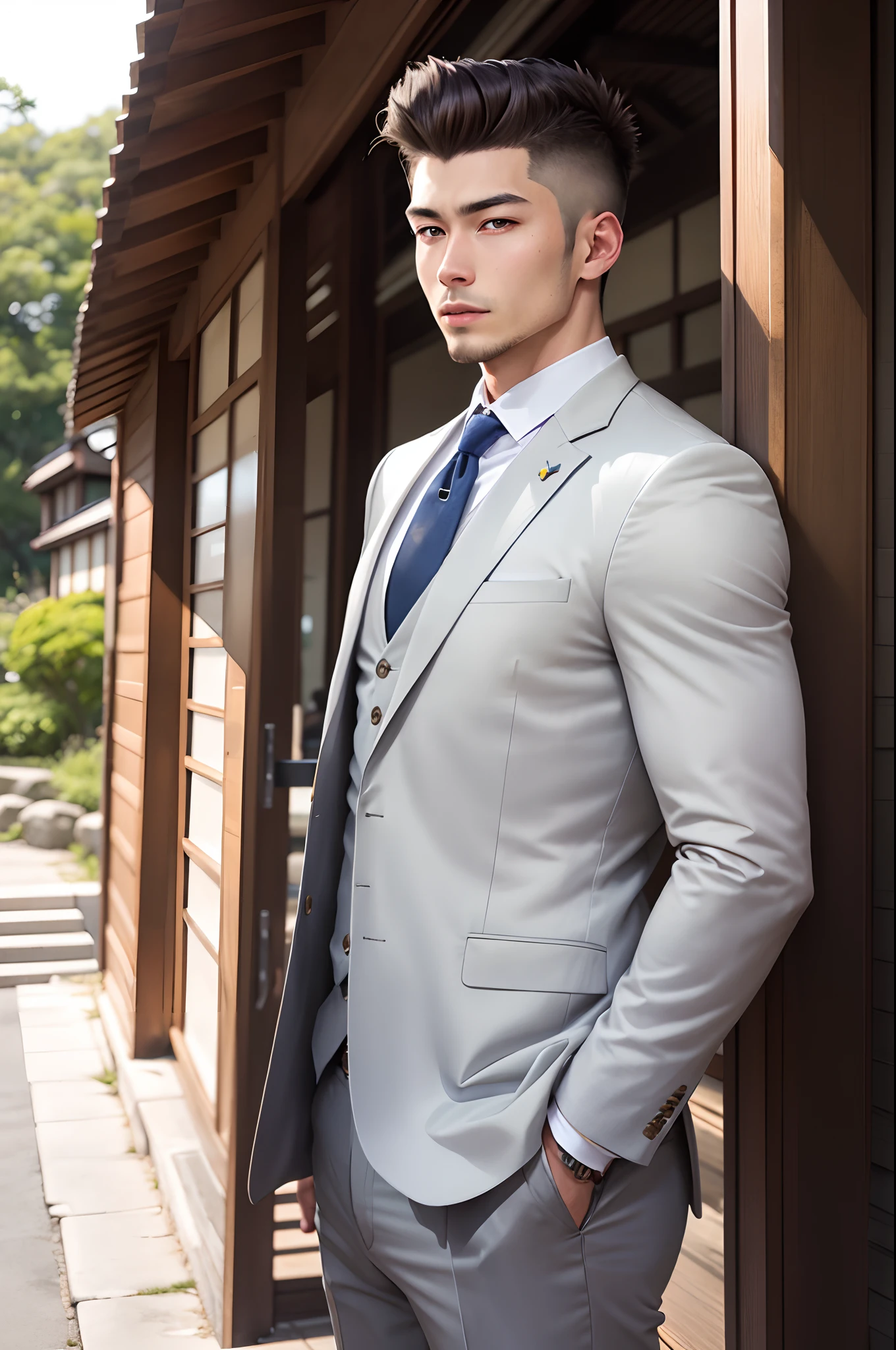 1 male、Japan male, 25 years old、(male people:1.5)、grey eyes、Hanging、(Very short:1.3)、Undercut、pompadour、((Formal))、((suits))、(((a handsome、sharp) 、Savage facial features、)))、(Sturdy muscular body)、(stout physique)、SFW、outside of house、细致背景、Modern metropolis、Okinawa、the beach、