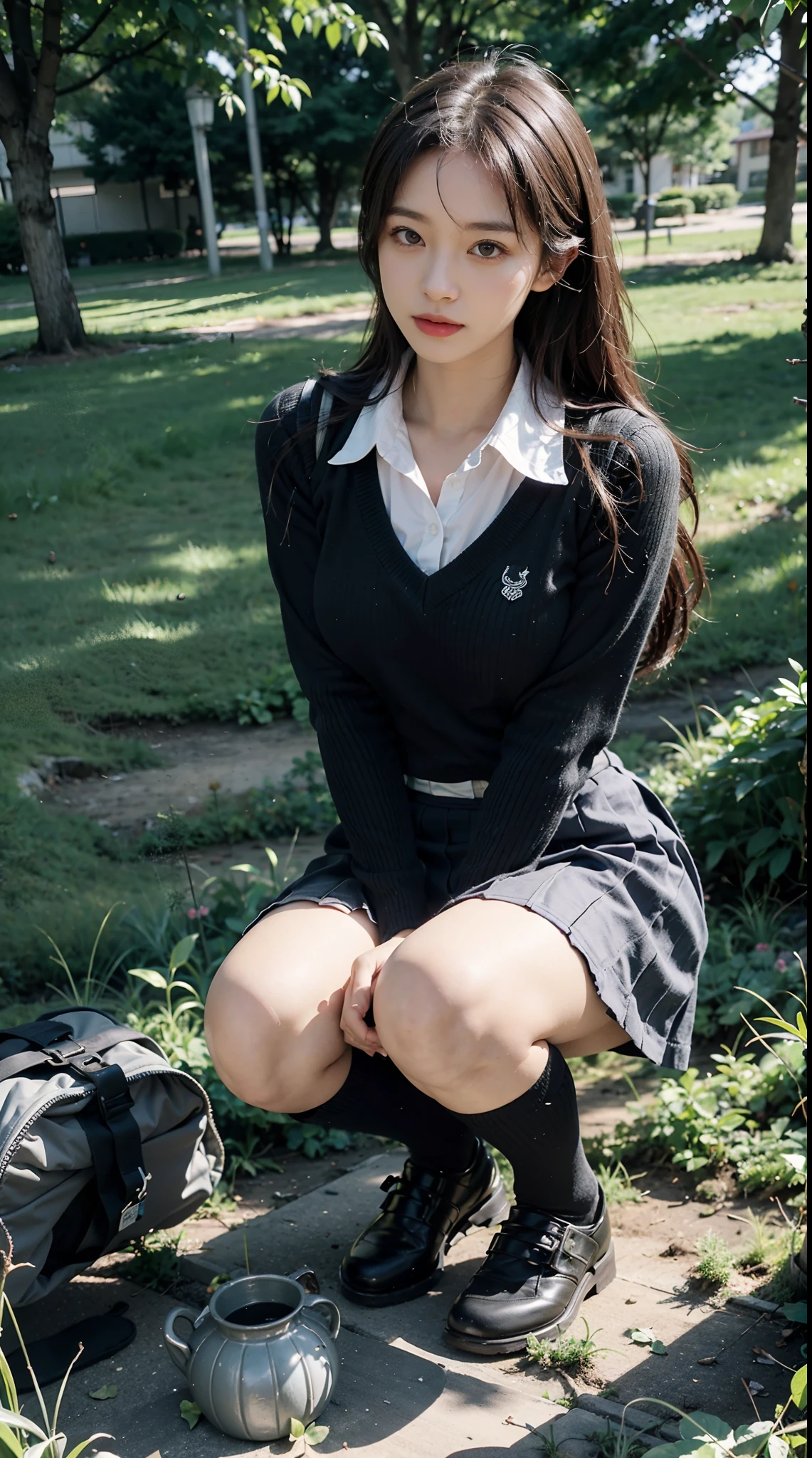 1 shiny skin girl crouching on the ground,squatting pose,Meadows full of flowers,fully body photo,best qualtiy,tmasterpiece,(Photorealsitic:1.4),breast enhancement,reality,8K quality,Super detail,fine detail skin,Movie Angle,cinematic textures,Movie lighting,Masterpiece,Best picture quality,black lence stockings ,wearing skirt and high socks, of a schoolgirl posing, School uniforms, realisticlying