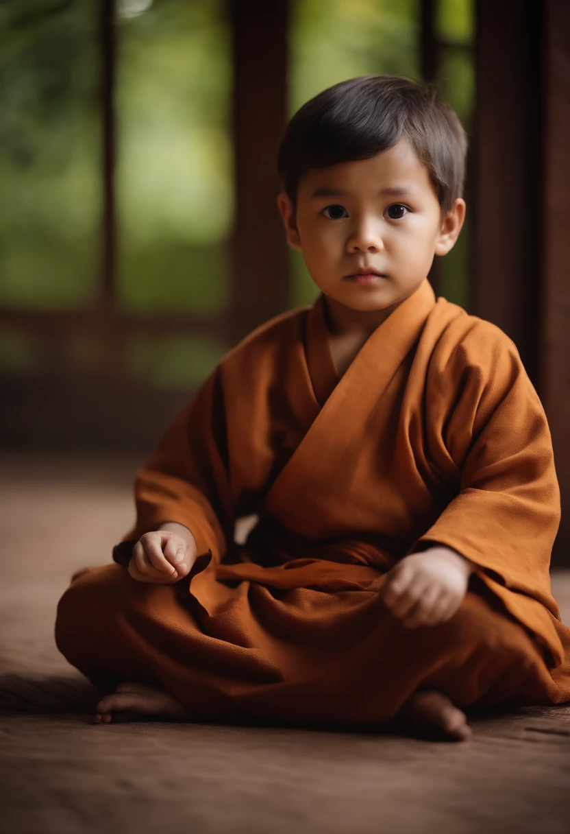 A beautiful boy about ,Meditate cross-legged in front of the camera,,Wearing a yellow monk costume,The character's face is clear and bright,The background is a warm and poetic environment