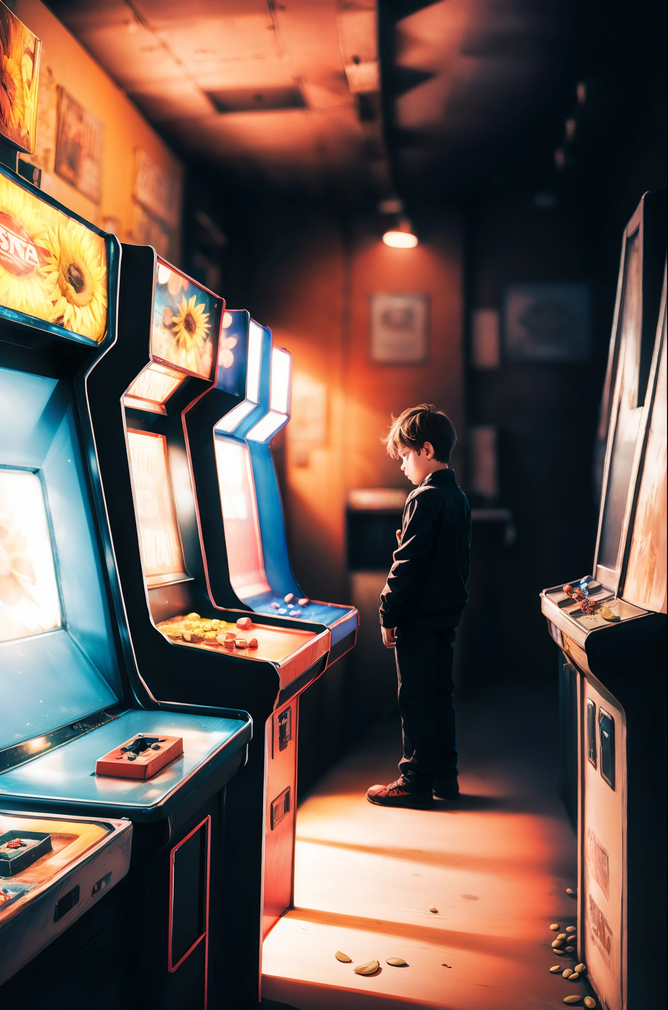 (  absurderes , High quality , Ultra detailed ) ,( Hand drawn details ) , A young boy with，Solo,Sunflower seed hair , Play Arcade，Arcade，Retro，Nostalgia