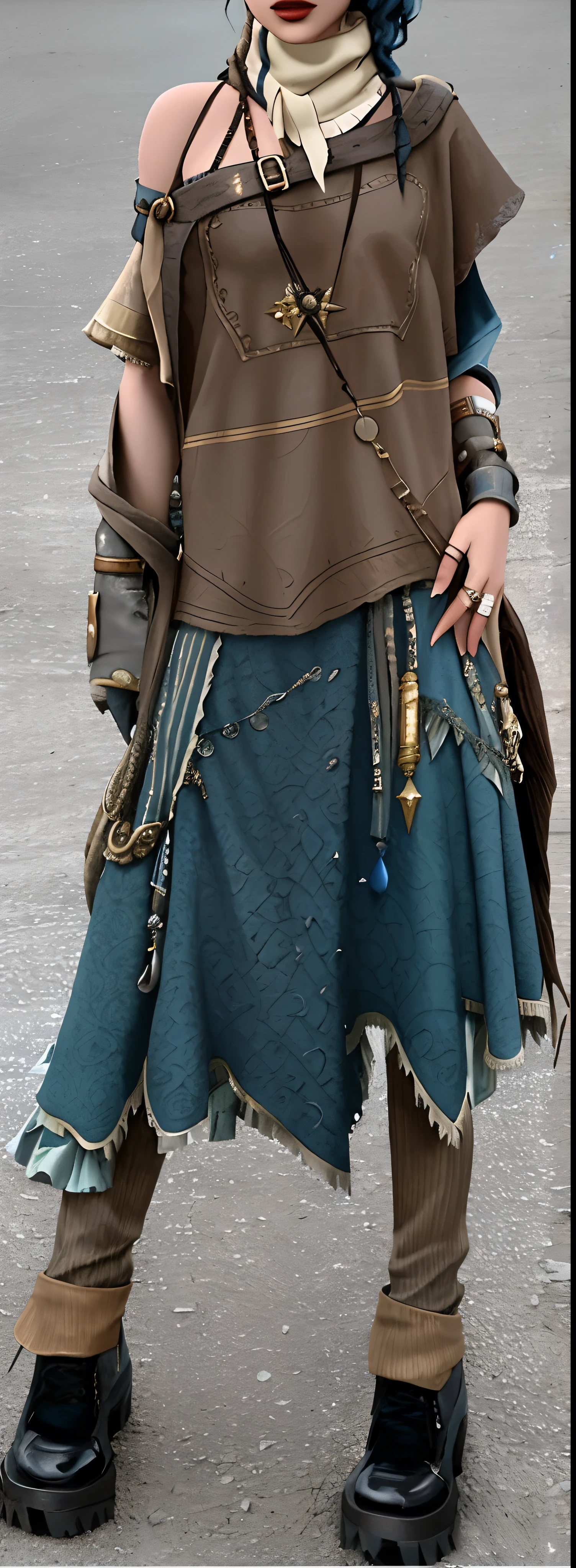 Alafi wears a costume of hat and scarf, layered skirts, Steampunk clothes, wide skirt, fantasy style clothing, Hierarchical verbose, wearing unusual clothes, wearing dresses, shamanistic dark blue clothes, old clothing, Ragged clothes, dressed in long fluent skirt, multilayered outfit, hip skirt wings, blue skirts, Tattered clothes