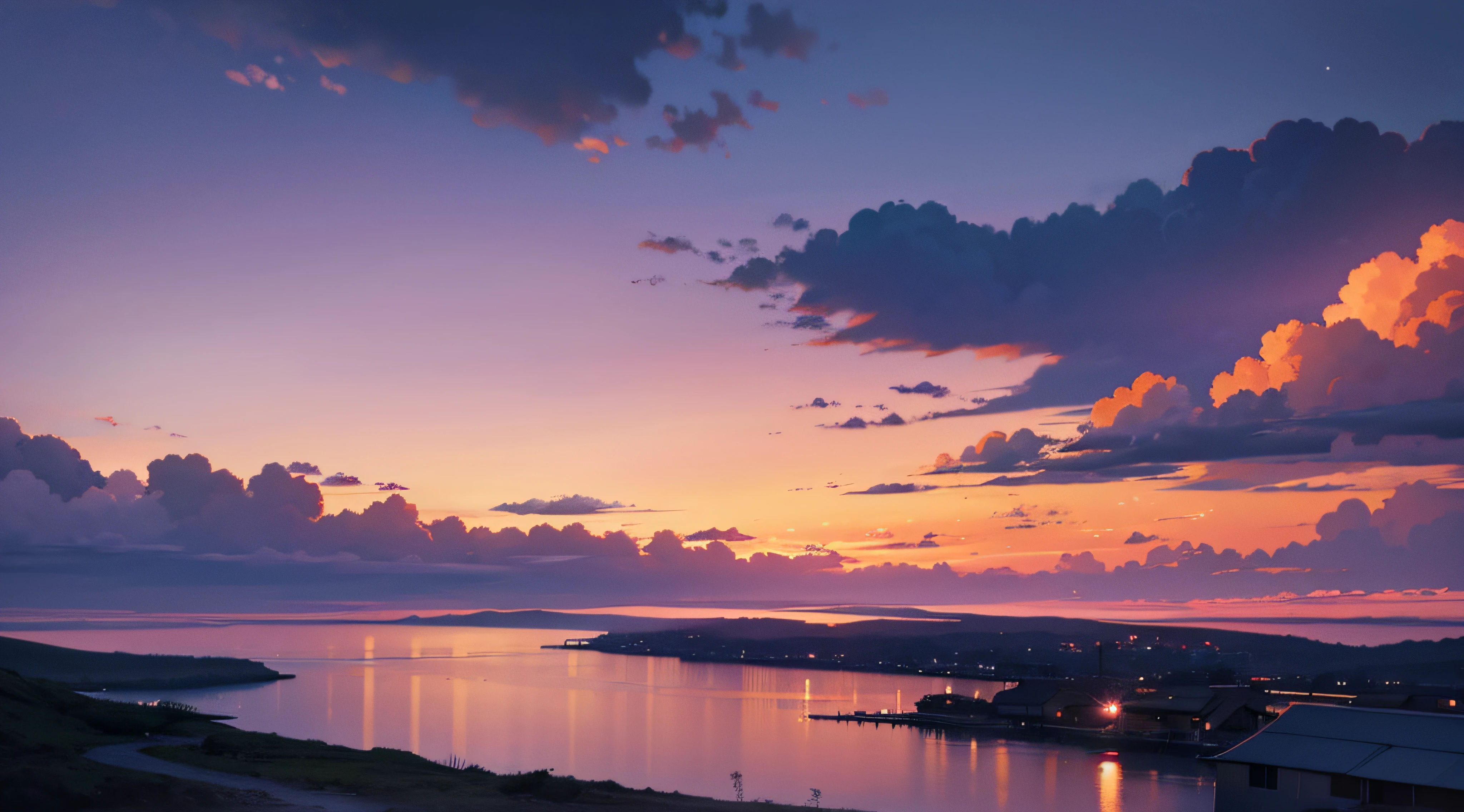 high quality, eveing sky, overcast, orange purple sky, (clouds), scenery,