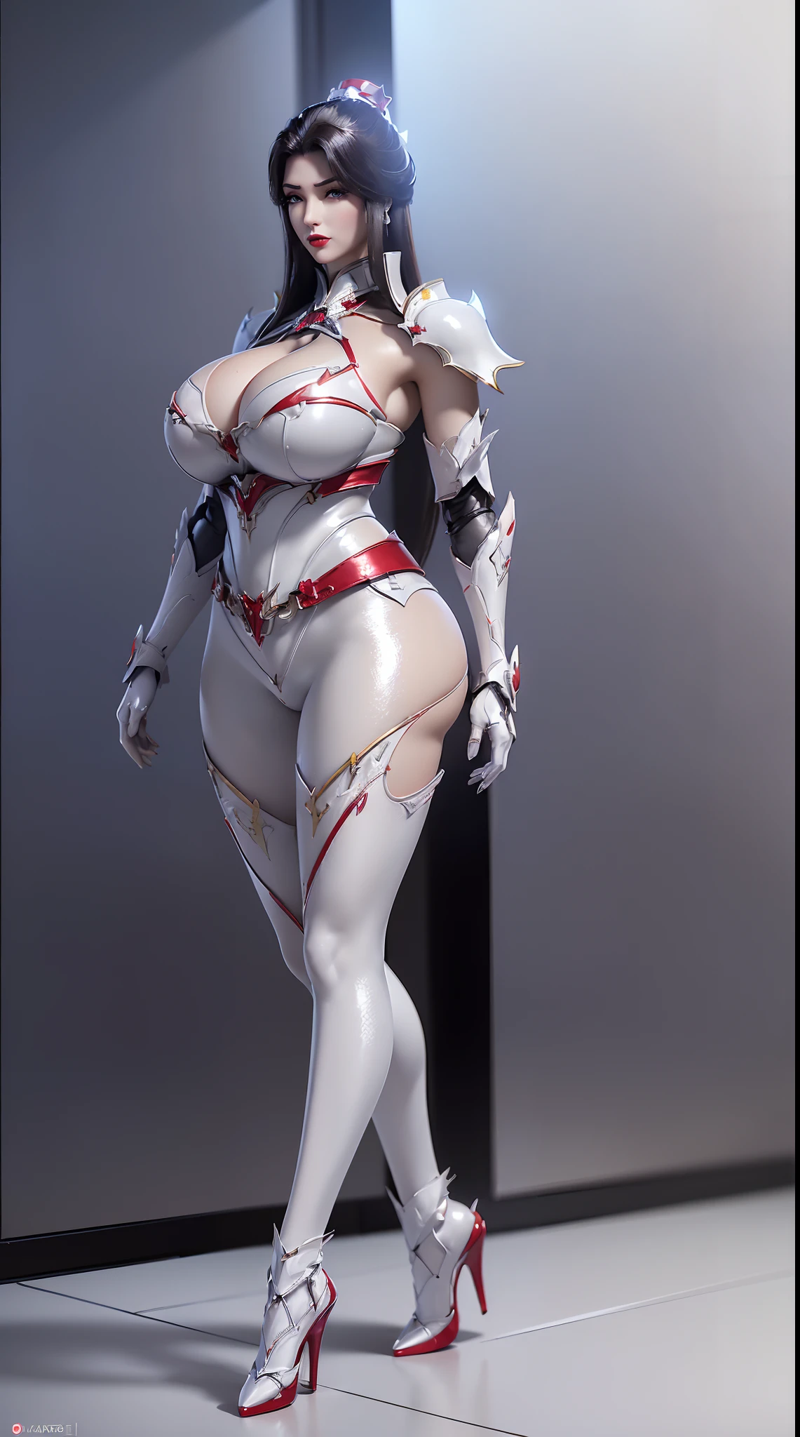 (1GIRL,SOLO:2), (super detailed face), ((BIG BUTTOCKS, HUGE FAKE BREASTS:1.5)), (CLEAVAGE TOP:1.5), (MUSCLE ABS:1.4), (MECHA GUARD ARM:1.5), ((WEARING WHITE RED OVERWATCH MECHANICAL SHINY HEAVY ARMORED CROP TOP, MECHA GUARD ARMOR LEGS, HIGH HEELS:1.6)), (LEWD VOLUPTUOUS BODY:1.3), (GLOWING SKIN:1), (LONG LEGS, FULL BODY:1.3), (LOOKING AT VIEWER:1.3), (female focus:0.886), (WALKING DOWN HALLWAY OF FUTURISTIC SPACE STATION:1), (BRIGHT LIGHT WHITE_ROOM:1.3), SUPER TEXTURE, UNREAL ENGINE RENDER, PHYSICALLY-BASED RENDERING, ULTRA HIGHT DEFINITION, 16K, 1080P.