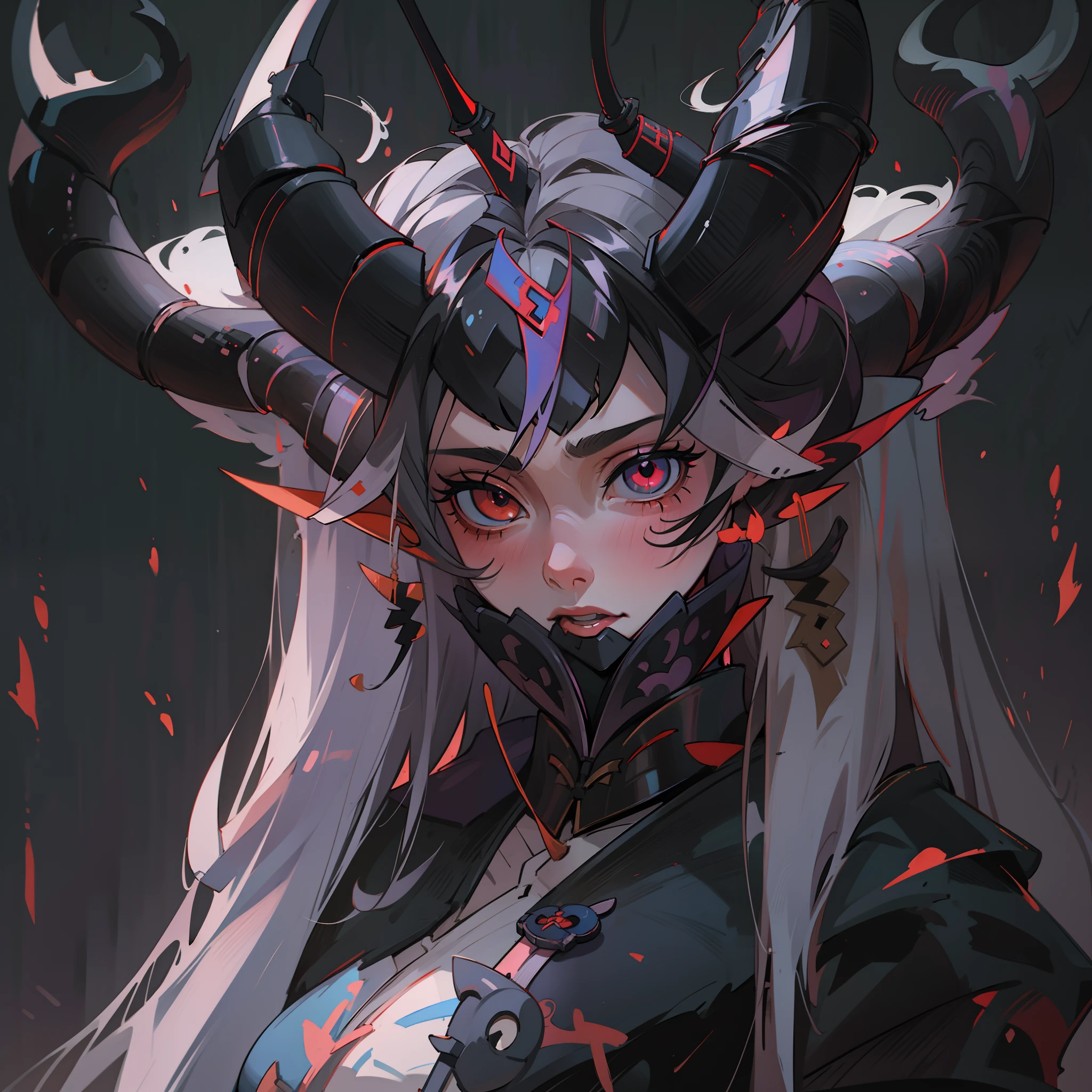 a close up of a woman with horns and a demon face, digital art inspired by Li Mei-shu, cgsociety contest winner, digital art, albedo from overlord, onmyoji portrait, deviantart artstation cgscosiety, fanart best artstation, badass anime 8 k, portrait gapmoe yandere grimdark, widowmaker