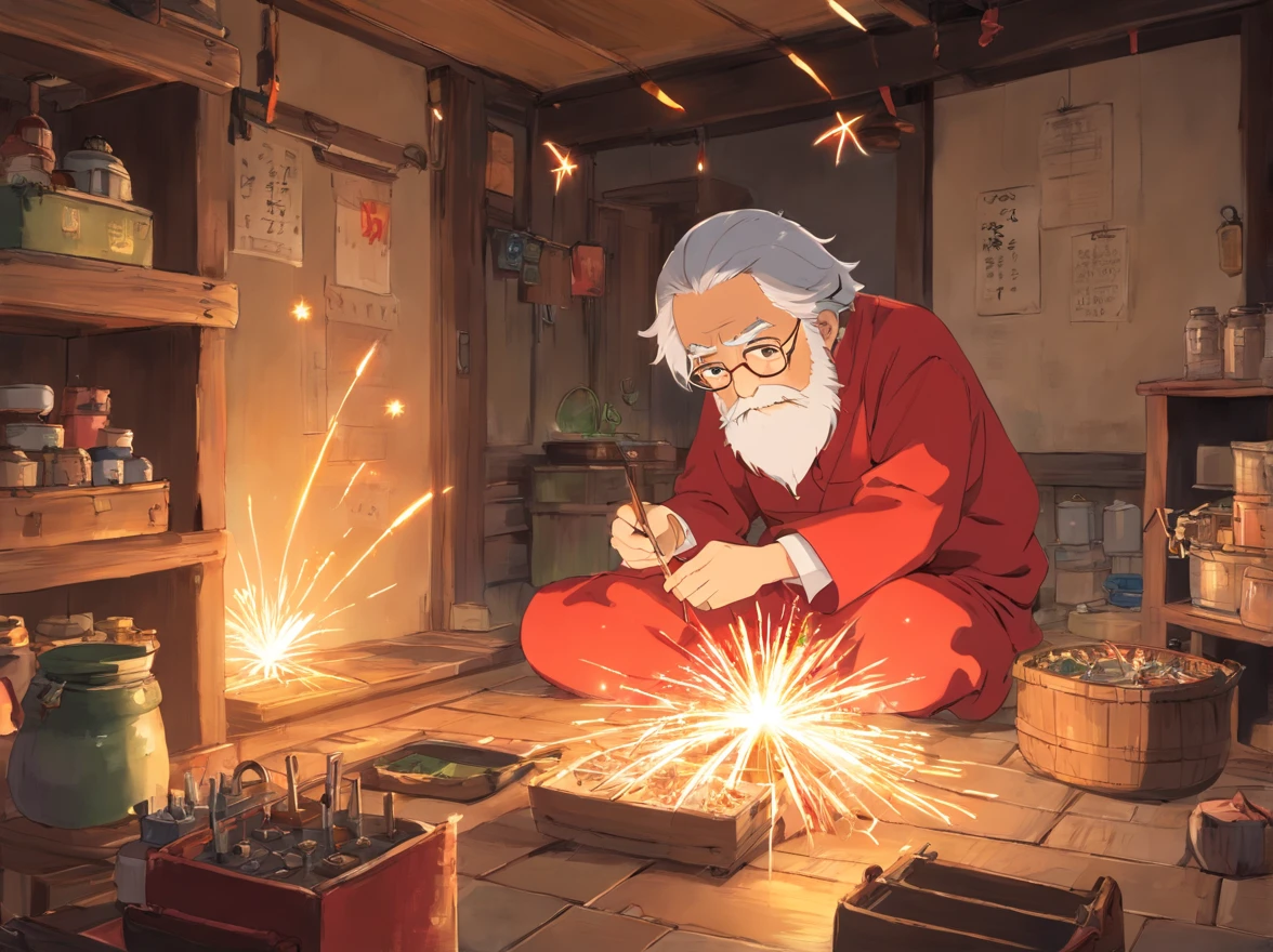 Indoors,The walls are covered with production flowcharts and tools。A old man、Sit with boys,Make fireworks(Boy image:Red clothes,Carry a bag,年轻)(Image of the old man:brown clothes,Thin and shriveled,Has a long beard,)