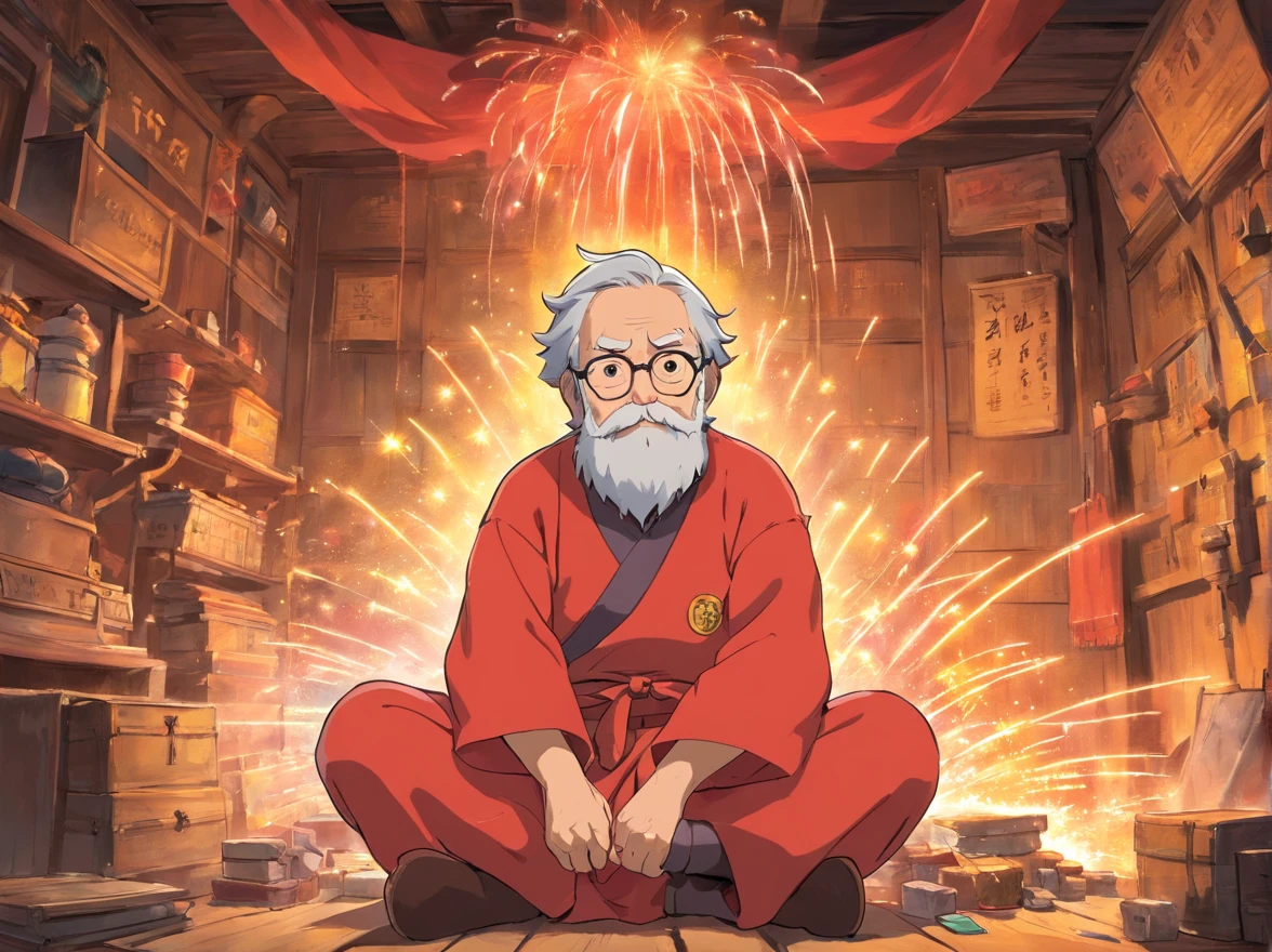 Indoors，The walls are covered with production flowcharts and tools。A old man、Sit with boys，Make fireworks（Boy image：Red clothes，Carry a bag，年轻）（Image of the old man：brown clothes，Thin and shriveled，Has a long beard，）