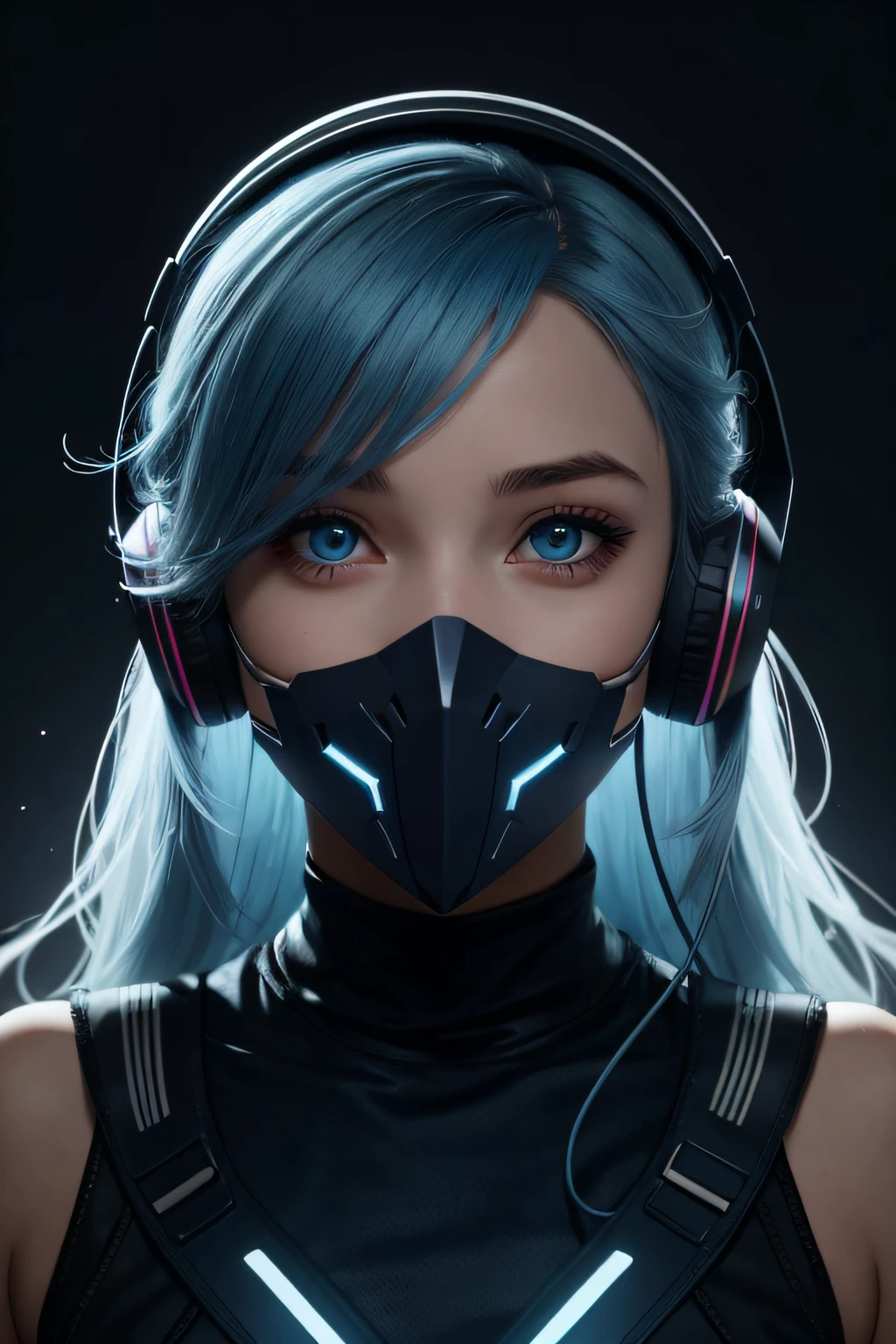 girl with long blue hair, blue eyes, futuristic vibes, mask on mouth, headphones, 8k, high quality, simple background, glowing eyes, nice pose