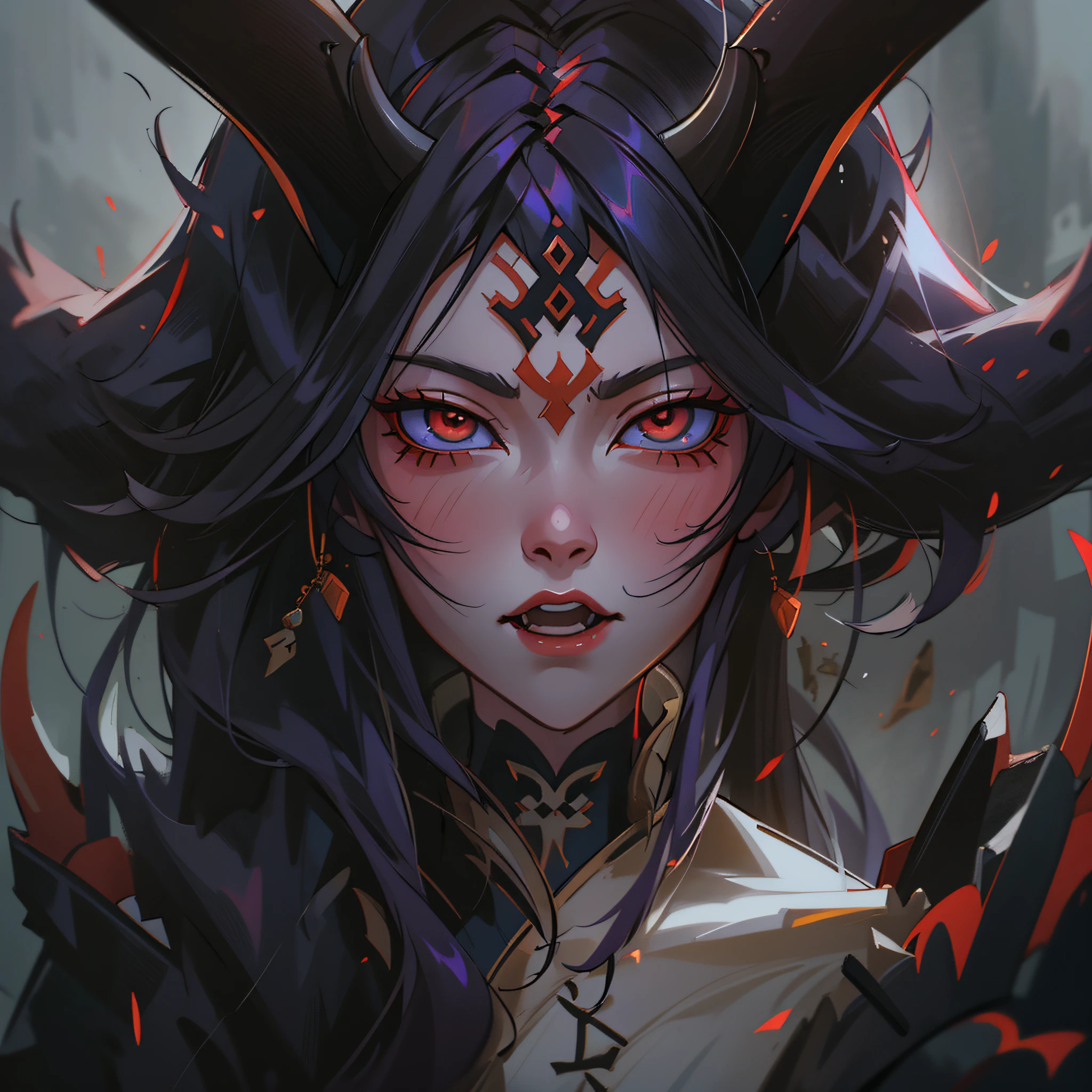 a close up of a woman with horns and a demon face, digital art inspired by Li Mei-shu, cgsociety contest winner, digital art, albedo from overlord, onmyoji portrait, deviantart artstation cgscosiety, fanart best artstation, badass anime 8 k, portrait gapmoe yandere grimdark, widowmaker