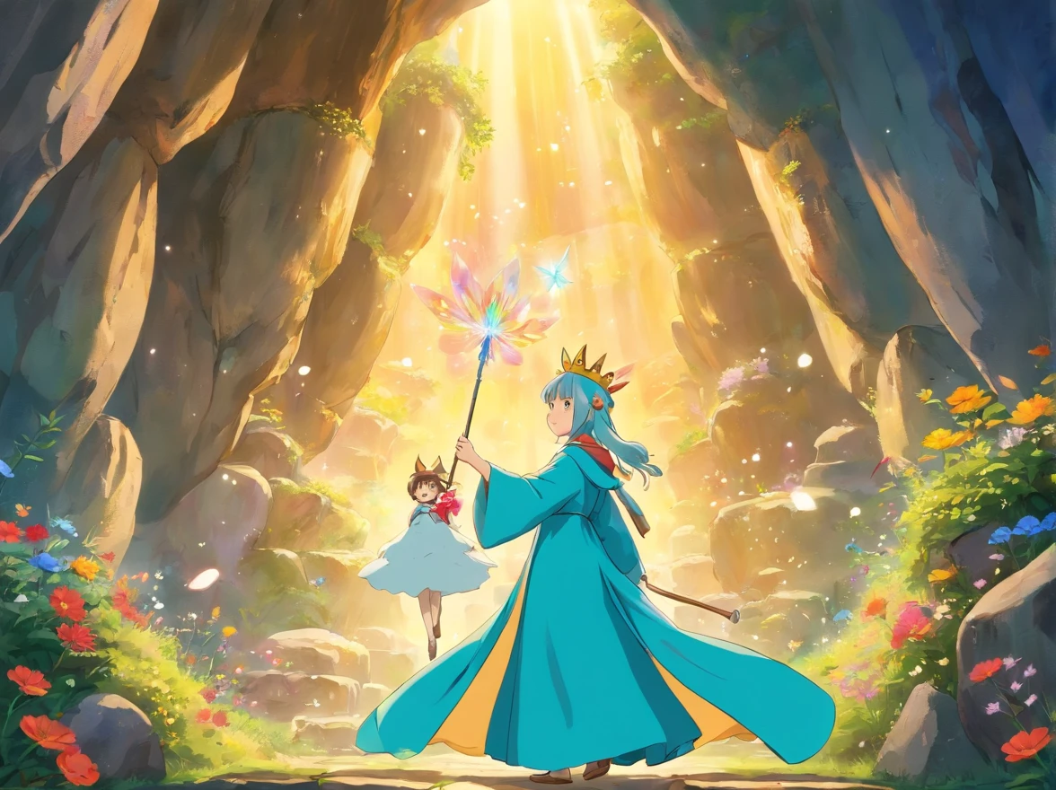 Deep in the cave,There was one dressed in a beautiful robe,Wearing a flower crown on his head,With a smile on his face。Standing fairy with magic wand in hand,Beside her is a jewel shining with light,The whole scene seems dreamy and magical。