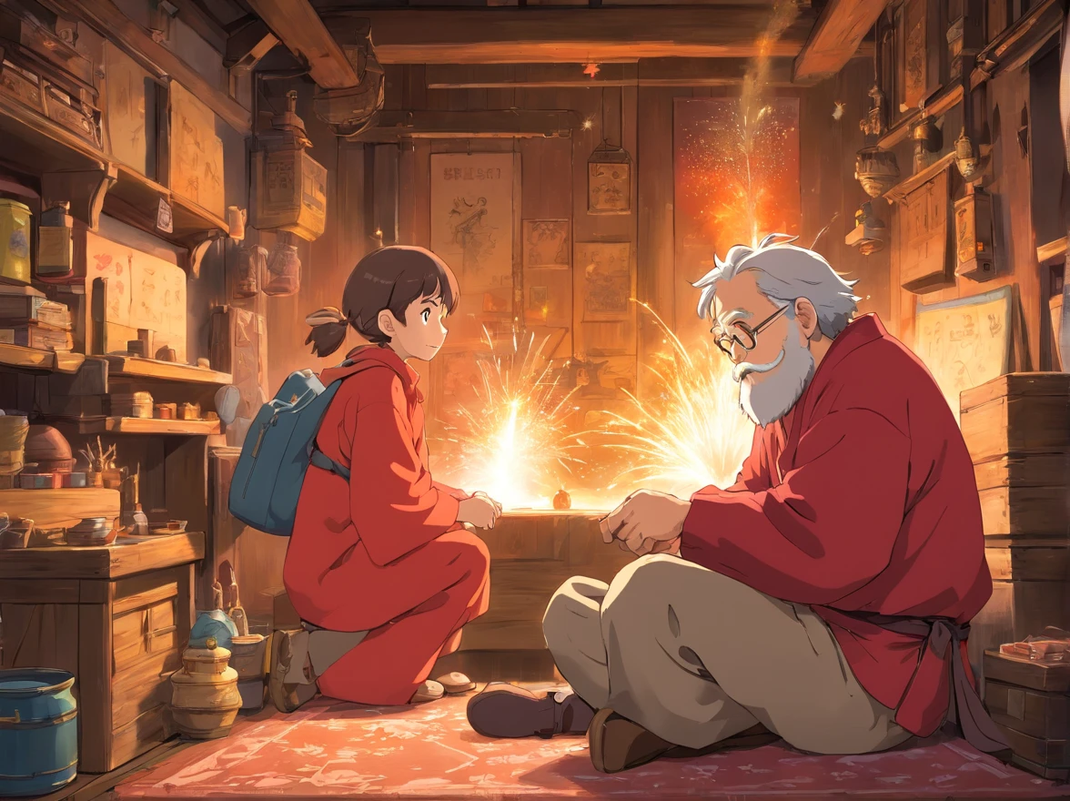 Indoors，The walls are covered with production flowcharts and tools。The old man and the boy sat together，Make fireworks（Boy image：Red clothes，Carry a bag，年轻）（Image of the old man：brown clothes，Thin and shriveled，Has a long beard，）