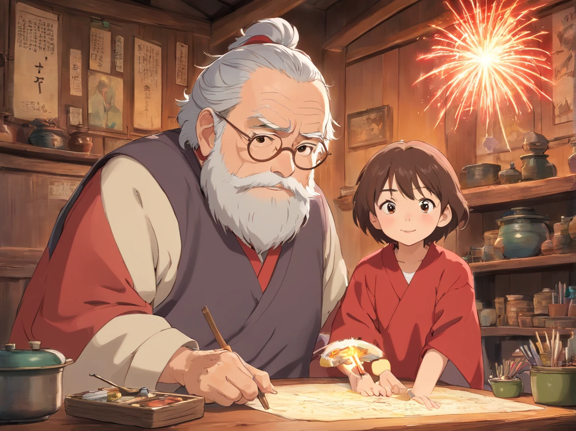 Indoors，The walls are covered with production flowcharts and tools。The old man and the boy sat together，Make fireworks（Boy image：Red clothes，Carry a bag，年轻）（Image of the old man：brown clothes，Thin and shriveled，Has a long beard，）