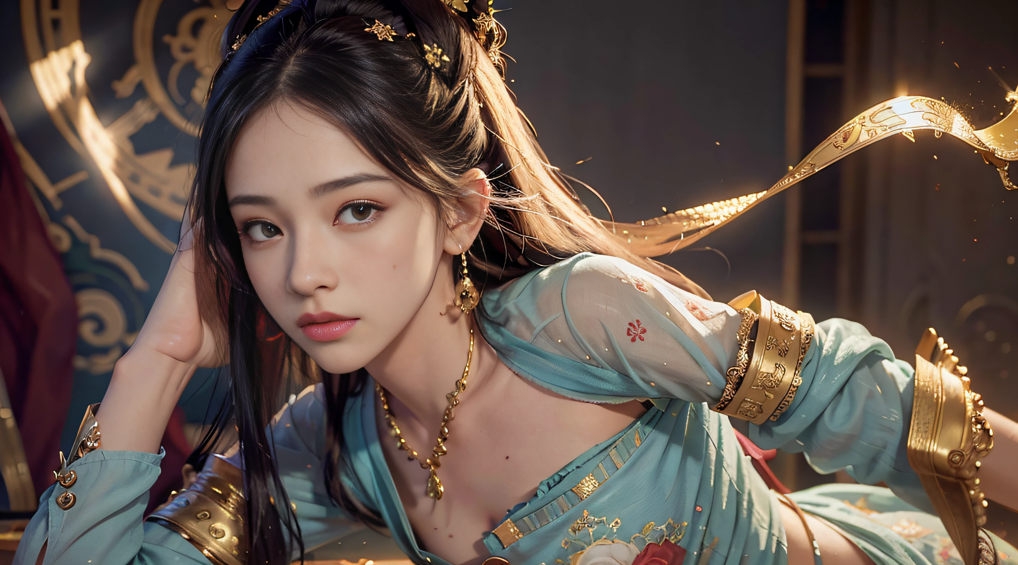 A woman in a blue dress laying on a bed with a clock in the background ...
