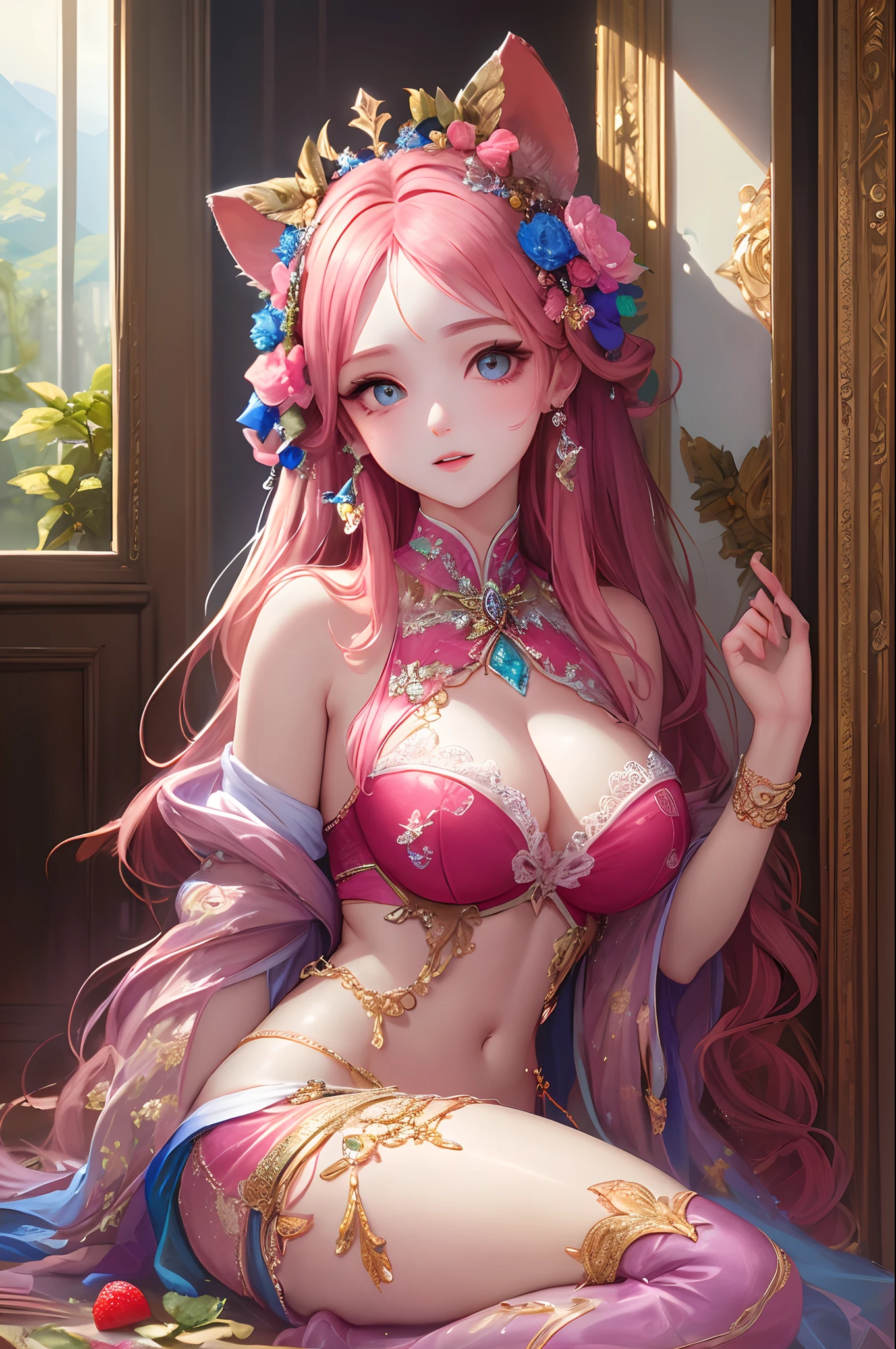 (hoang lap,high high quality,ultra - detailed,tmasterpiece,concept-art,fluency,high detail artwork,uma pintura hiper-realista)dream magical,𝓡𝓸𝓶𝓪𝓷𝓽𝓲𝓬,vividness,Girl,Pink big breasts,Strawberry shortbread character,adolable,full bodyesbian,(Harnes)