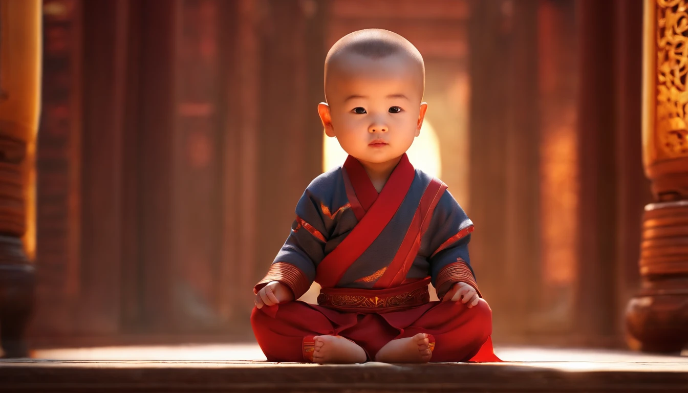 A beautiful 2  Chinese boy，facing at camera，Meditate cross-legged，monk clothes，The character's face is clear and bright，The background is a warm and poetic environment