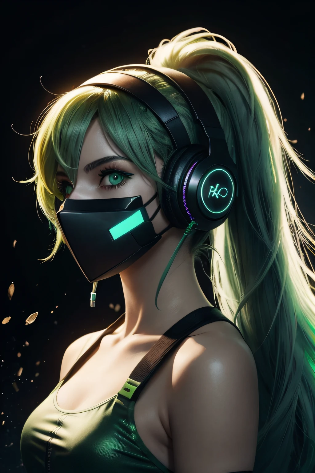 girl with long green hair, green eyes, futuristic vibes, mask on mouth, headphones, 8k, high quality, simple background, glowing eyes, nice pose