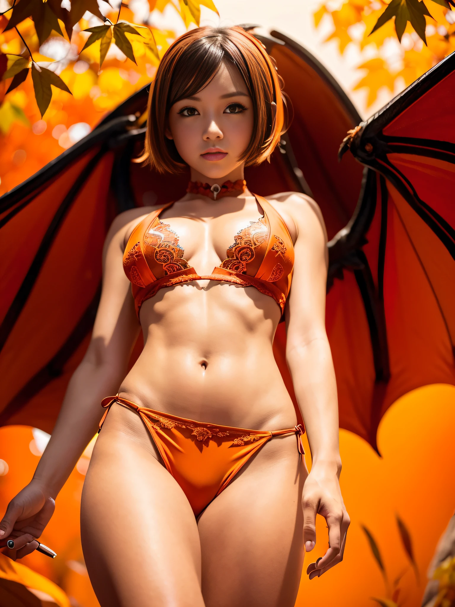 (dragon wings: 1.1), (orange wings: 1.1), 1 orange dragon girl, spessartine maroon eyes, (dragon tail: 1.1), horns, short hair, smile, dragon costume, bare shoulders, 30% miniskirt, without thong, thigh highs, stop rest, peace sign, hand on knee, fall leaves, dappled sunlight, from below, sharp focus, looking at viewer, depth of field, cowboy shot, (intricate:1.1), (orange theme:1.1), (orange tone:1.1), (red tone:0.9), (gold tone:0.6), illustration,