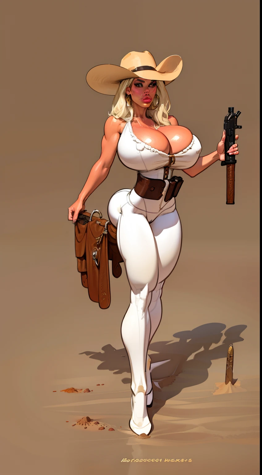 ((view from above:1.4)), ((masterpiece)),(((best quality))),((character design sheet:1.4)), ((full body view)) ((mid western cowgirl)) (((cowboy outfit:1.3))), mature face, defined cheekbones, high cheekbones, illustration, white girl, muscular, ((buckskin:1.4)), ((cowboy hat)), ((assless chaps)), holding revolvers, , ((holster, sexy:1.1)) bimbo, (gigantic breasts:1.7) blonde hair, ((detailed face:1.4)) beautiful woman, (chaps:1.4) (white top:1.3) , shiny skin, ((cleavage, skindentation)), scribbles and marks,(puffy lips:1.4) , rough sketches, pose, 8k,16k, ((desert sandy background:1.5)) beige color palette, khaki legs, white arms, white face