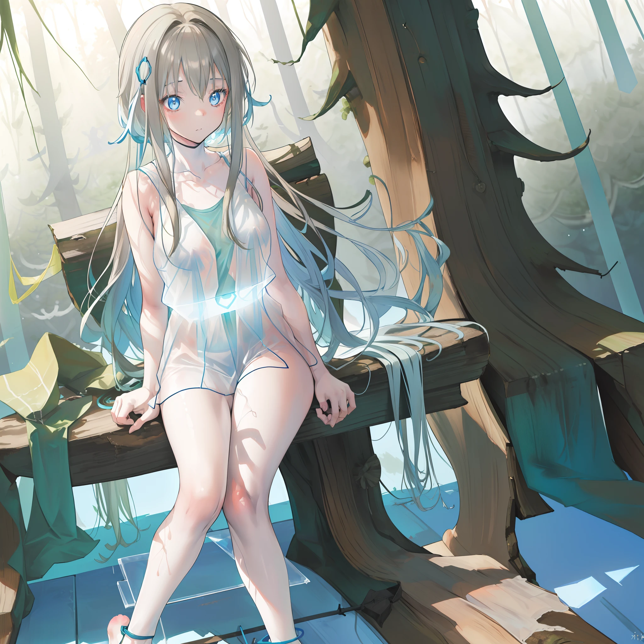 ((A close up)) of anime , (((((sitting down in a forest on wood)))))), (mostly naked), ((barefoot)), (cinematic light), skin is perfectly white, soft, and smooth, ((no nsfw)), Extremely delicate and beautiful CG illustration, small thigh, slim body, best quality, high resolution, dynamic angle, full-length lens, (((1 girl))), (detailed eyes), soft light, high-key lighting), glowing light, ((blue glowing ring around her ankle)), (((wearing (only) a white (transparent) tank top))), ((((mist: 1.7))))