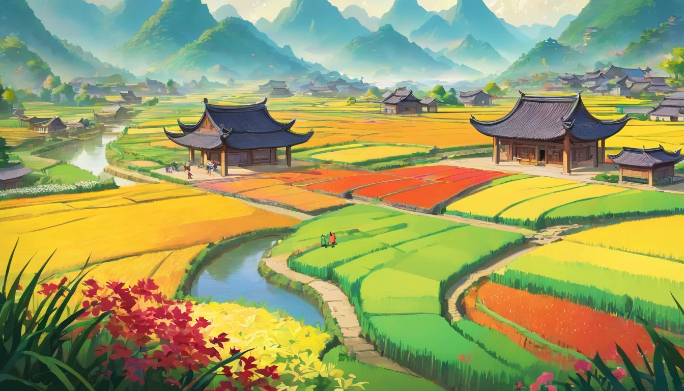 An immersive scene depicting the rural landscape of Guangxi Zhuang Autonomous Region in the 1980s. The focus is on capturing the serene beauty of the countryside, with expansive fields and lush mountains. The scene features traditional Zhuang-style houses that harmoniously blend with the natural surroundings.

Tags: rural scenery, Guangxi Zhuang Autonomous Region, 1980s, countryside, fields, mountains, traditional houses, serene beauty, Zhuang-style architecture, harmonious integration.

Materials: oil painting, realistic textures, detailed brushwork, vibrant colors.

Additional details: flourishing rice fields, towering karst mountains, a winding river cutting through the landscape, a group of locals engaged in agricultural activities in the fields, colorful flowers blooming in the foreground, traditional Zhuang dress and customs, vibrant celebration of Zhuang culture.

Image quality: (best quality, 4k, highres, masterpiece:1.2), ultra-detailed, realistic:1.37, vivid colors, sharp focus, physically-based rendering, professional rendering, studio lighting.

Art style: landscape, rural scenery, traditional artwork.

Color tones: warm and earthy tones dominant, with vibrant pops of color in the flowers and traditional Zhuang attire.

Lighting: golden sunlight casting a warm glow on the landscape, creating a tranquil and nostalgic atmosphere.