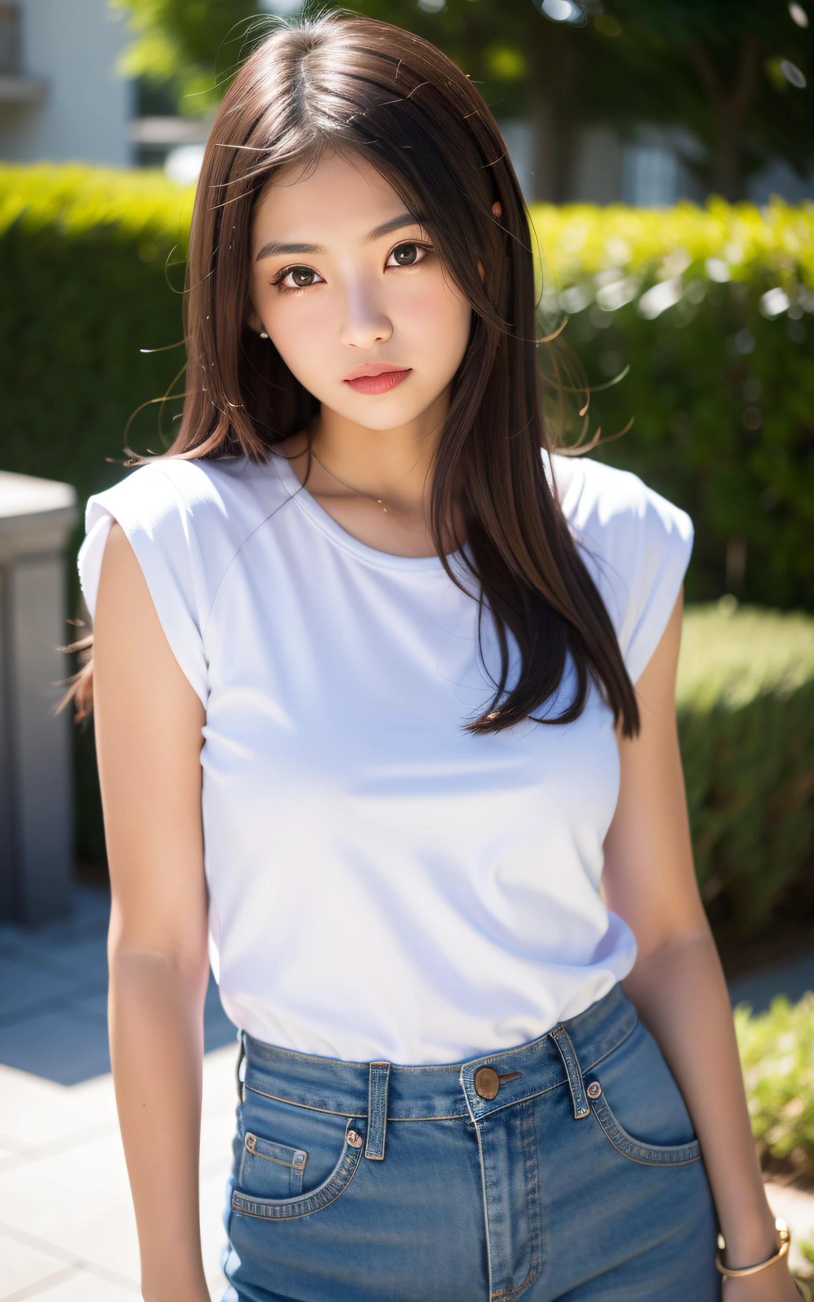 masterpiece, highest quality, High resolution,alone,Brown,artistic,Best lighting,casual,Flat Chest,Beautiful Face,expensive,smile,light makeup,Age 24,Calm woman,Detailed Hair,Laughing woman,Face Focus,Forehead,,Bun Hair,morning,terrace,Pants Style,Woman wearing a T-shirt