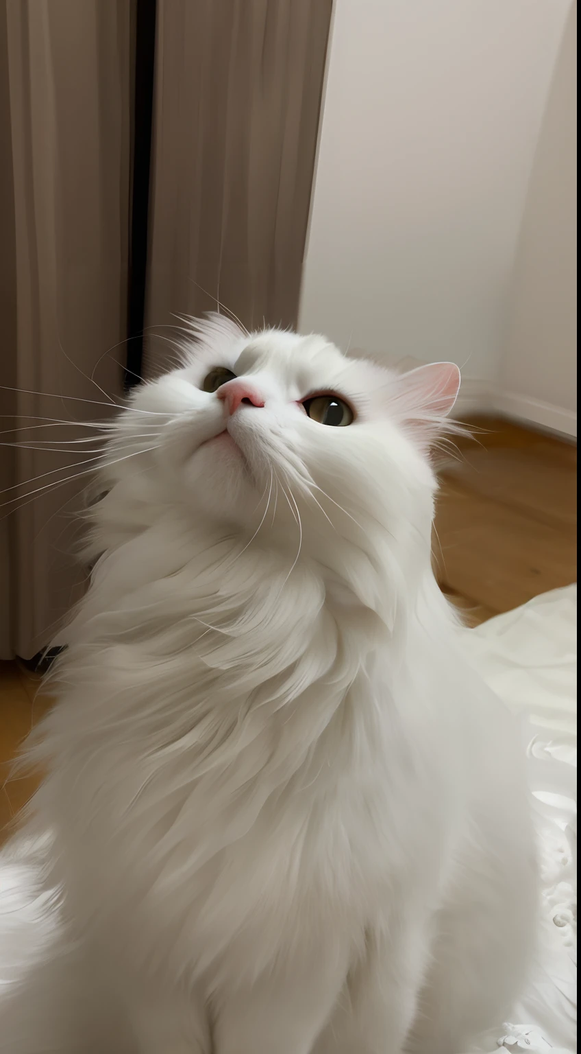 The Aalfi cat sits on the bed and looks up at the camera, looking up at camera, White ( cat ) Girl, looking away from the camera, looking up at camera, taken with sony alpha 9, White cat, looking away from camera, portrait of a white cat, The cat is fluffy, doing a majestic pose, she is looking at us, awesome cat