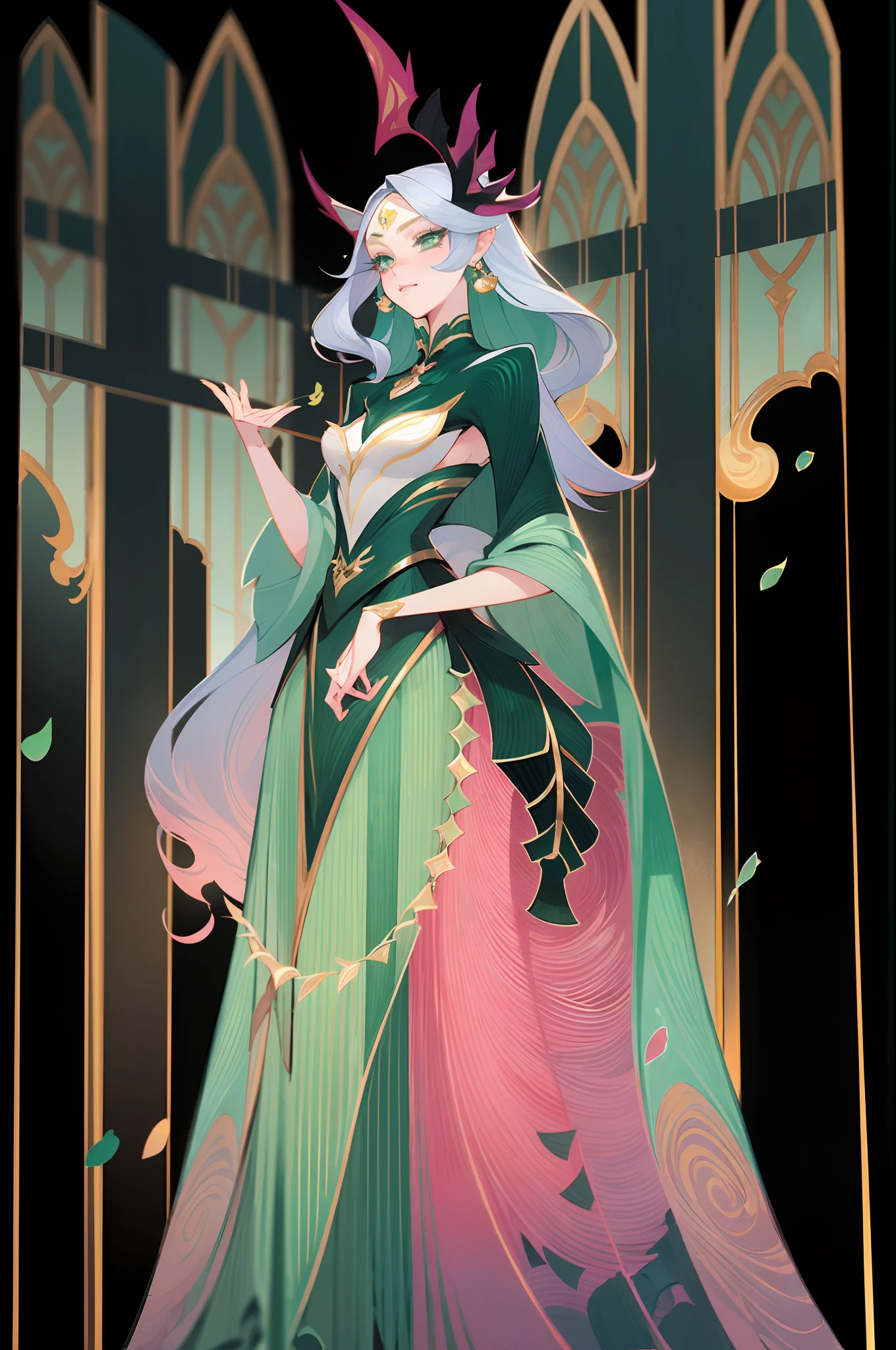 1 beautiful woman，A Necromancer，Green clothing，standing full-body，独奏，Clear facial features，Transparent background，(tmasterpiece，top Quority，best qualtiy，超高分辨率，Clear facial features，beautidful eyes，beauitful face)